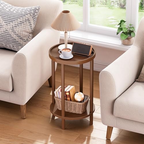 Detalle de HOOBRO EMA156BZ01, table d’appoint ronde en bambou à 2 niveaux, brun rouge foncé