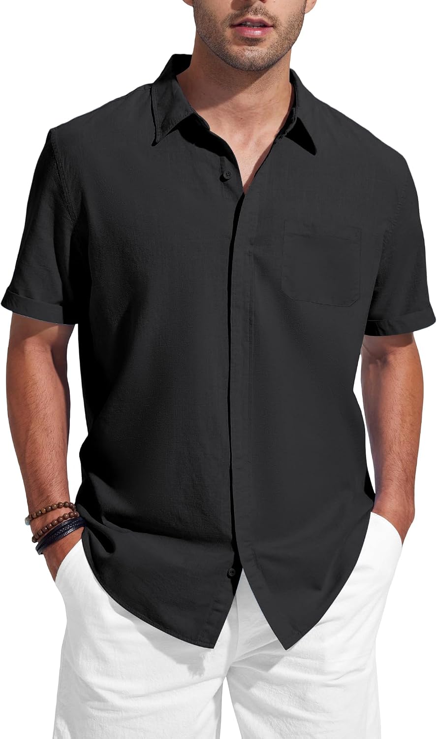 Detalle de Friptspyg Chemise en coton et lin à manches courtes pour homme avec poches et boutons cachés