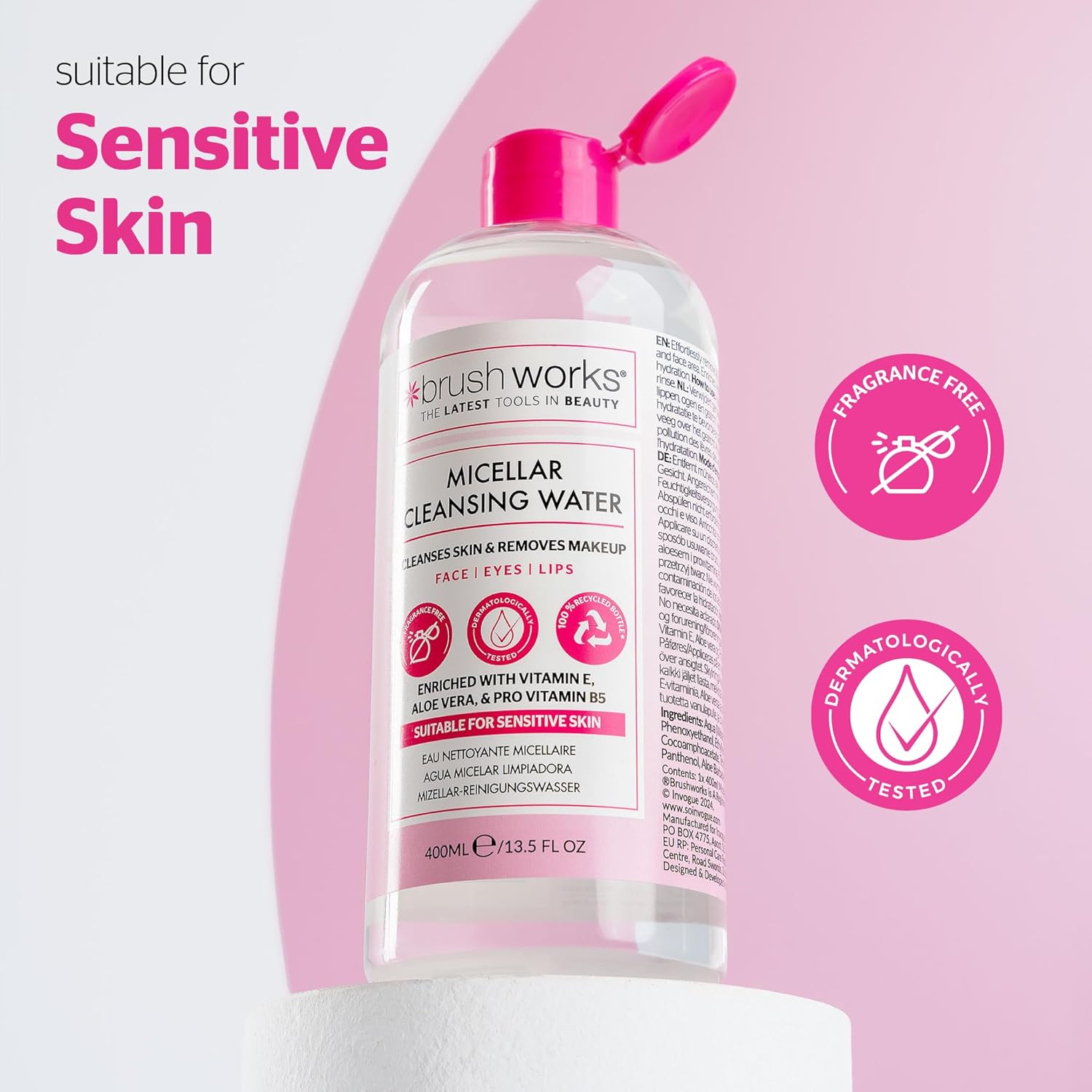 Detalle de Brushworks Micellar Cleansing Water 400ml – Fragrance Free Makeup Remover for Face, Eyes & Lips
