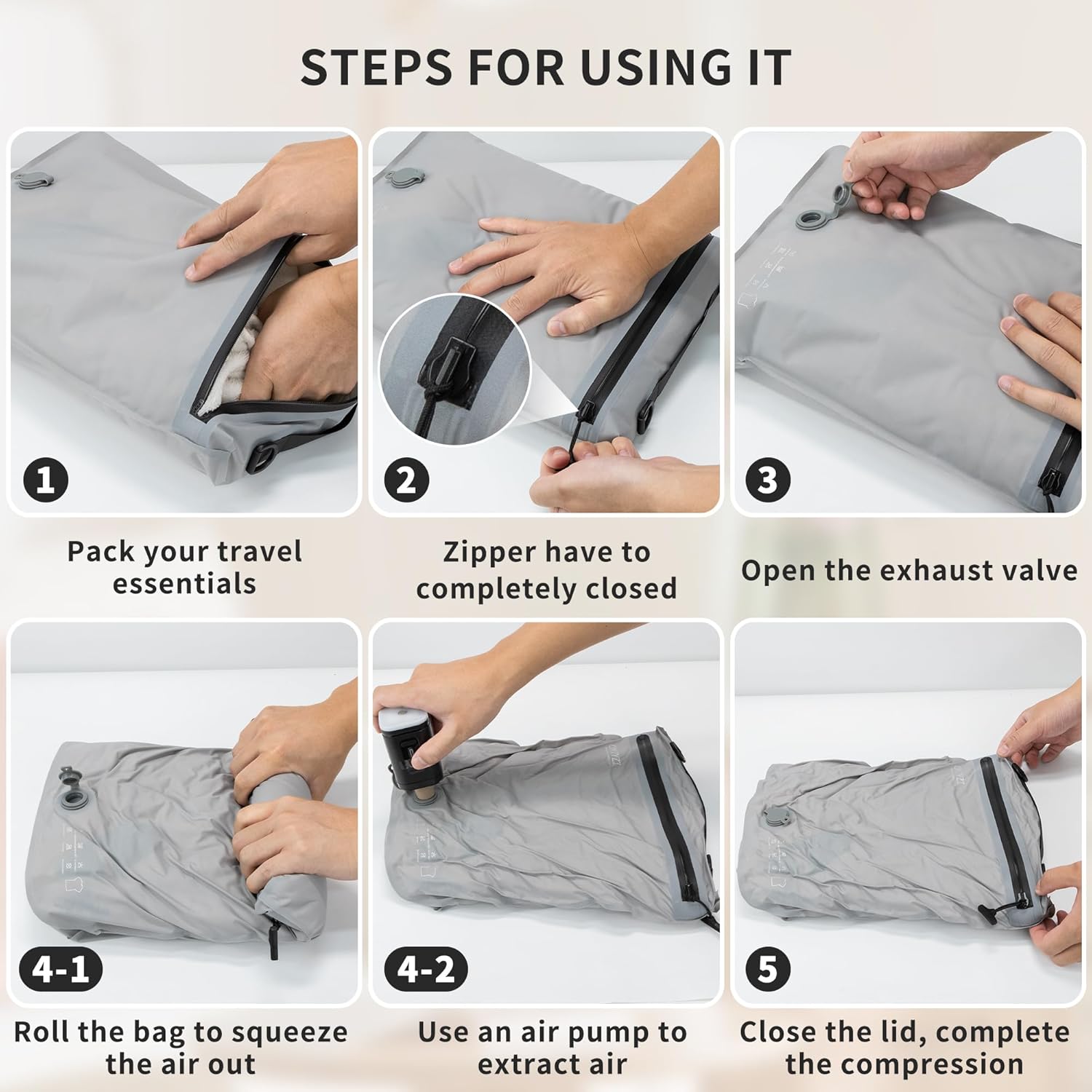 Detalle de Suitcase Organiser Compression Packing Cube Set (4-Pack) with TPU Vacuum Bags and IPX8 Zipper