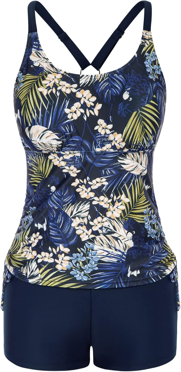Detalle de JASAMBAC Women’s Strappy Tankini Swimsuits with Drawstring Hem – Floral Two-Piece Swimwear
