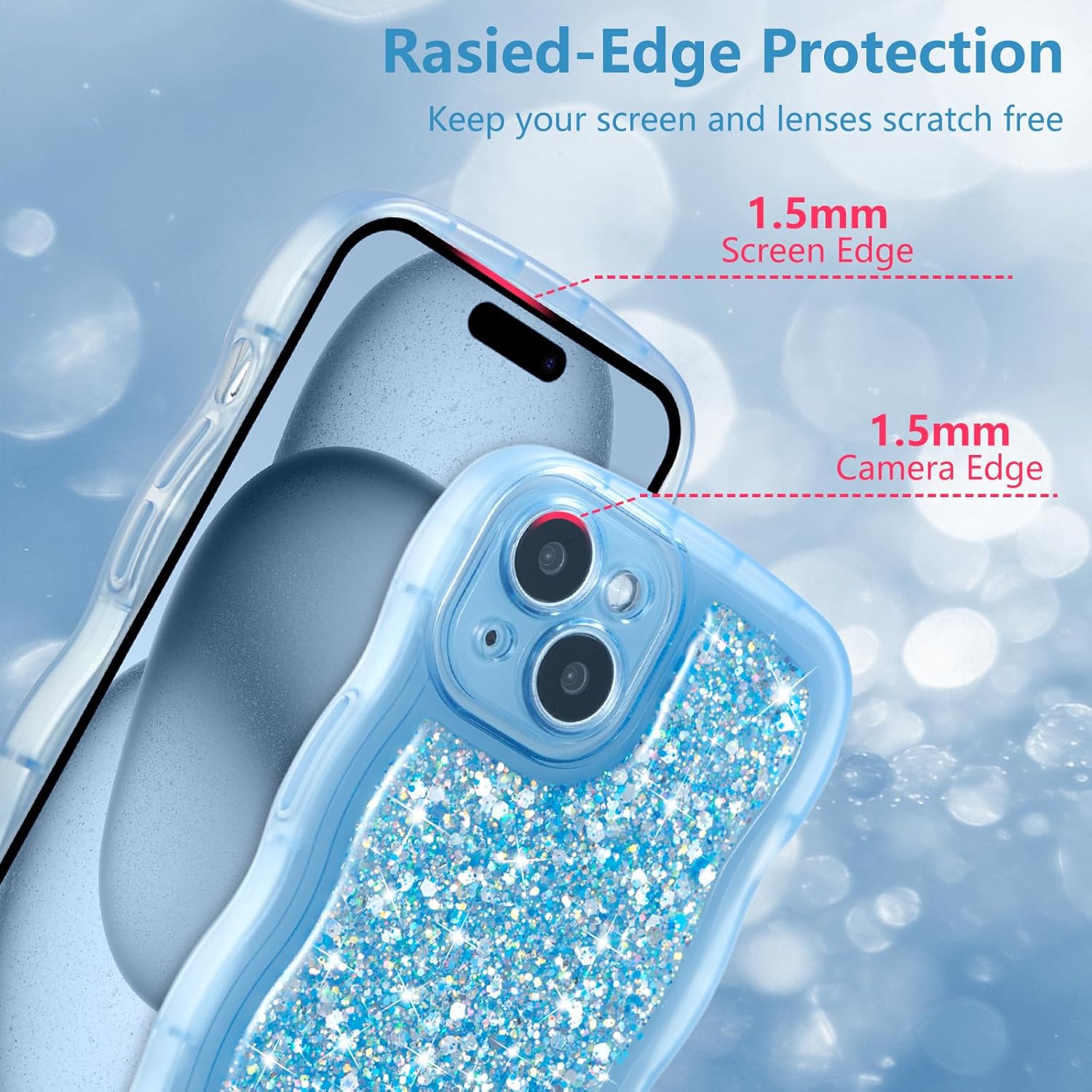 Thumbnail 3 de ZTOFERA Wavy Case for iPhone 14 (6.1"): Clear Glitter TPU Cover with Wave Frame