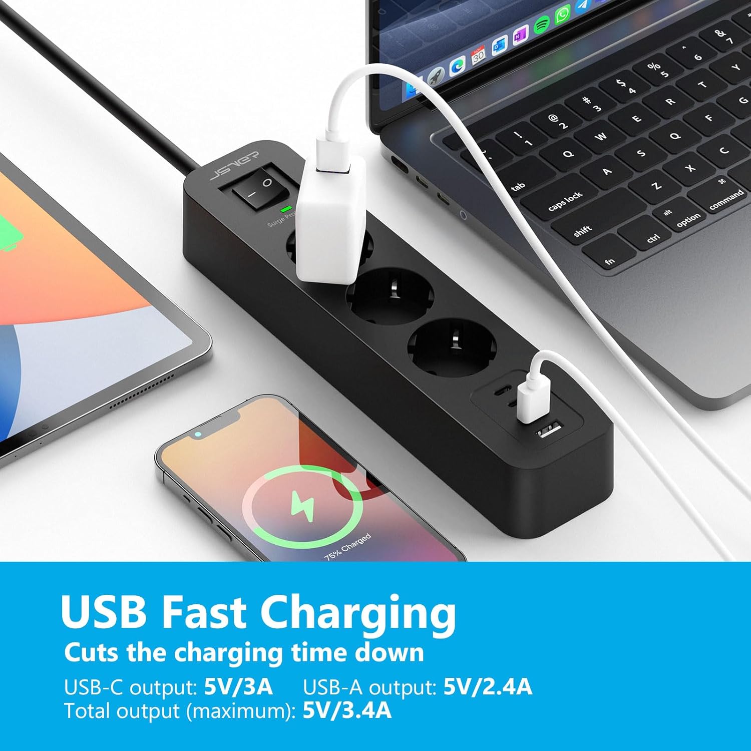 Detalle de Multipresa JSVER 7 in 1 con adattatore: 3 prese CA, USB-A e USB-C, prolunga 2 m