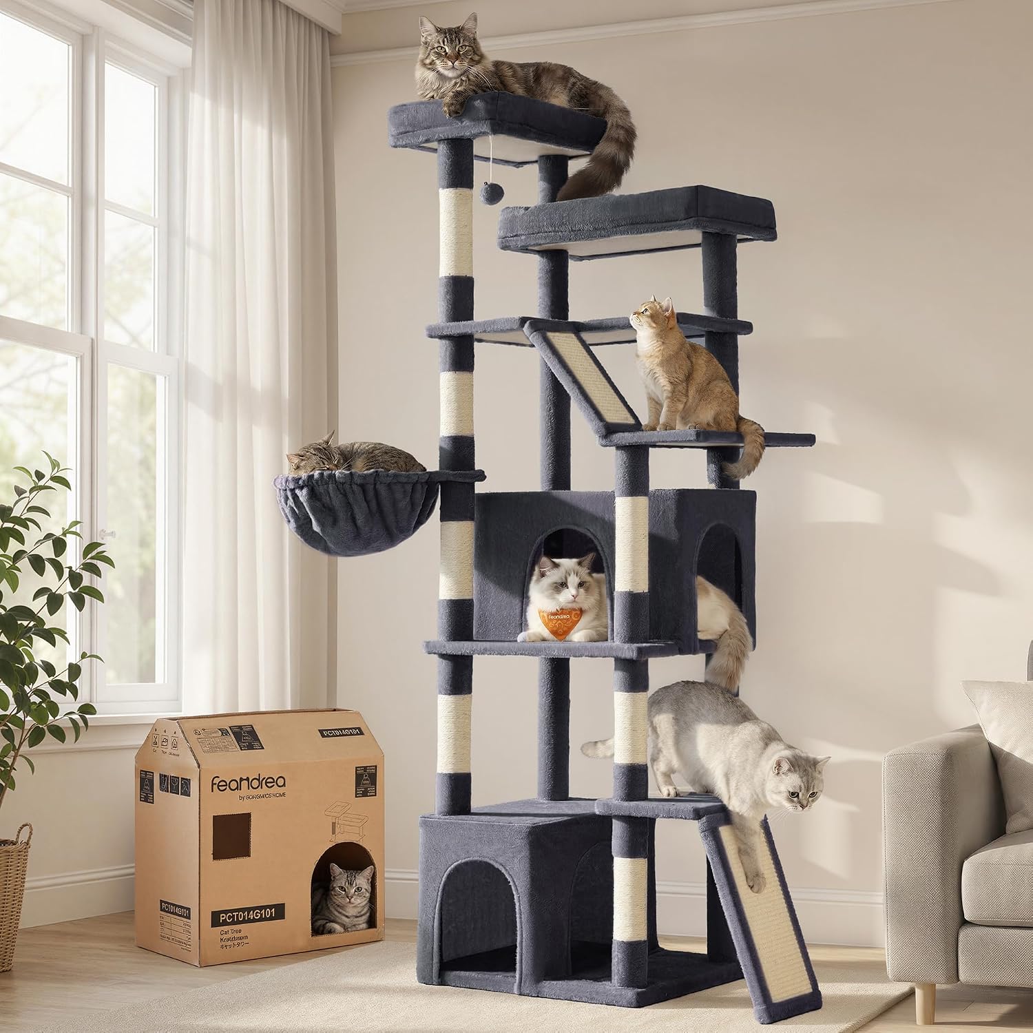 Feandrea Arbre à Chat Haut 184,5 cm – Tour robuste pour grands chats, gris foncé