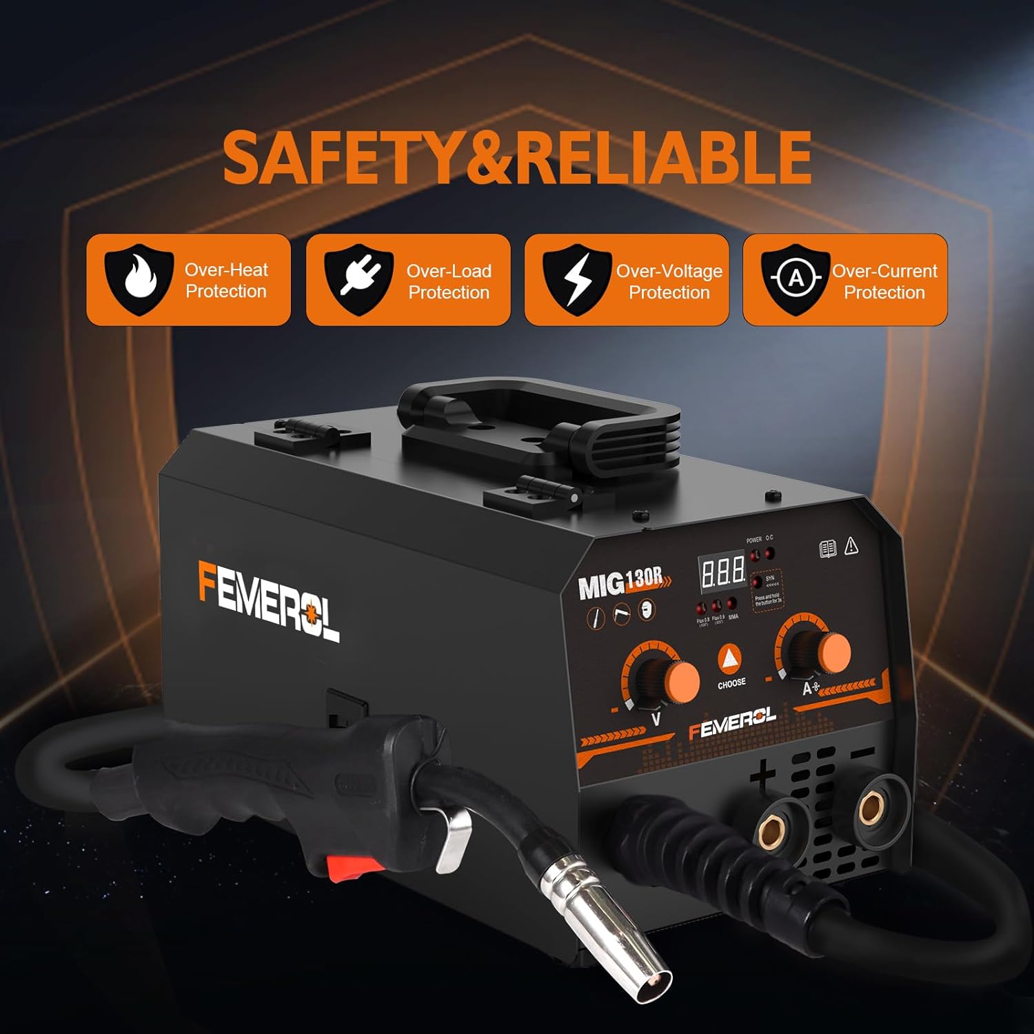 Detalle 2 de FEMEROL MIG Welder 130A 2-in-1 Flux Core / Stick Welder (110V) — Portable, Synergic MIG Inverter