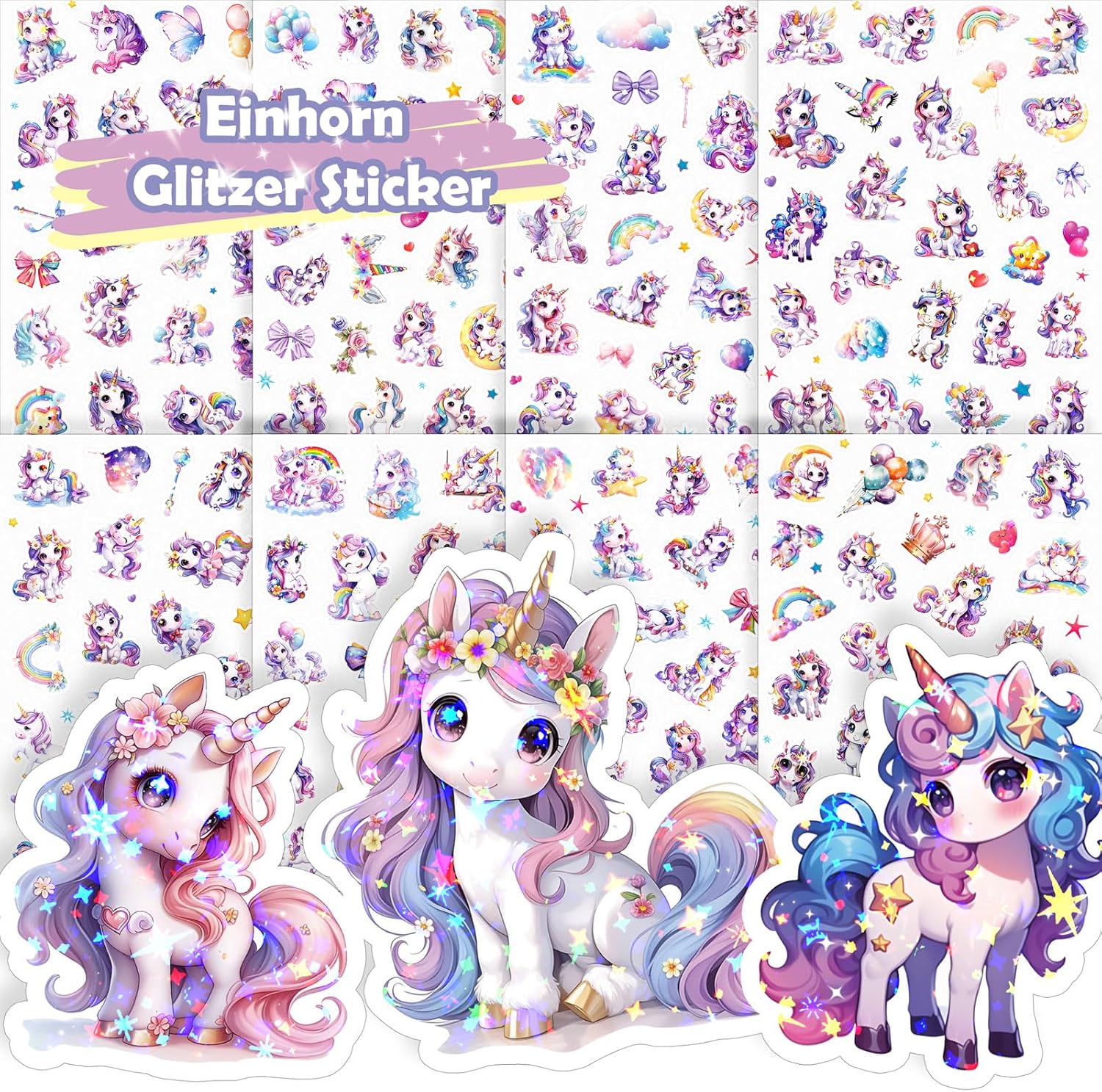 Detalle de Unicorn Glitter Stickers for Children – 8 Cute Unicorns with a Holographic Finish
