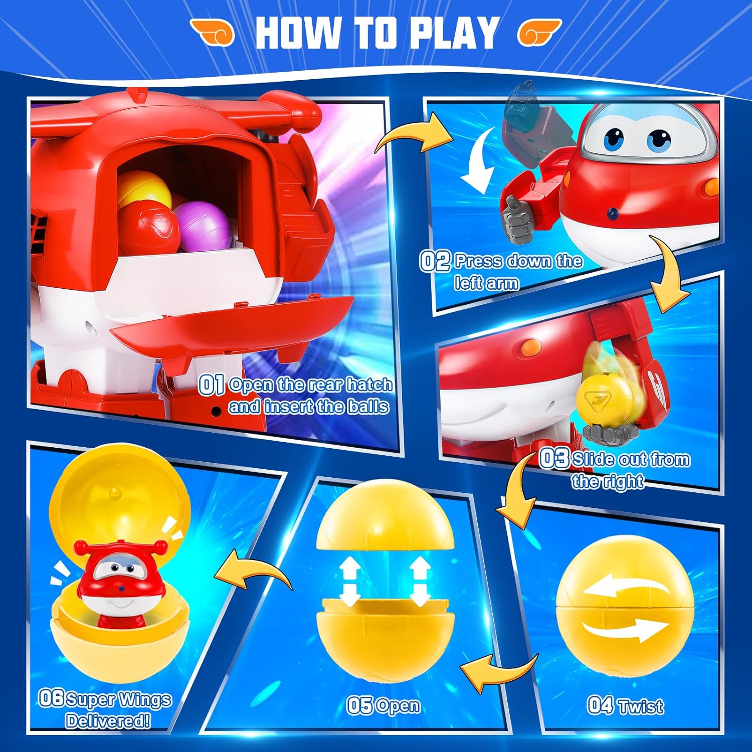 Detalle de Super Wings Lucky Ball Giocattolo Jett 20,5 cm (2 in 1) con 7 Lucky Ball e 3 set di adesivi fai da te