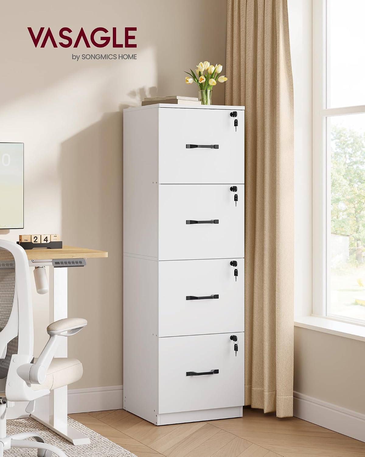 Detalle de VASAGLE CUSTOS OFC082W02 Filing Cabinet, 4 Lockable Drawers, Printer Stand