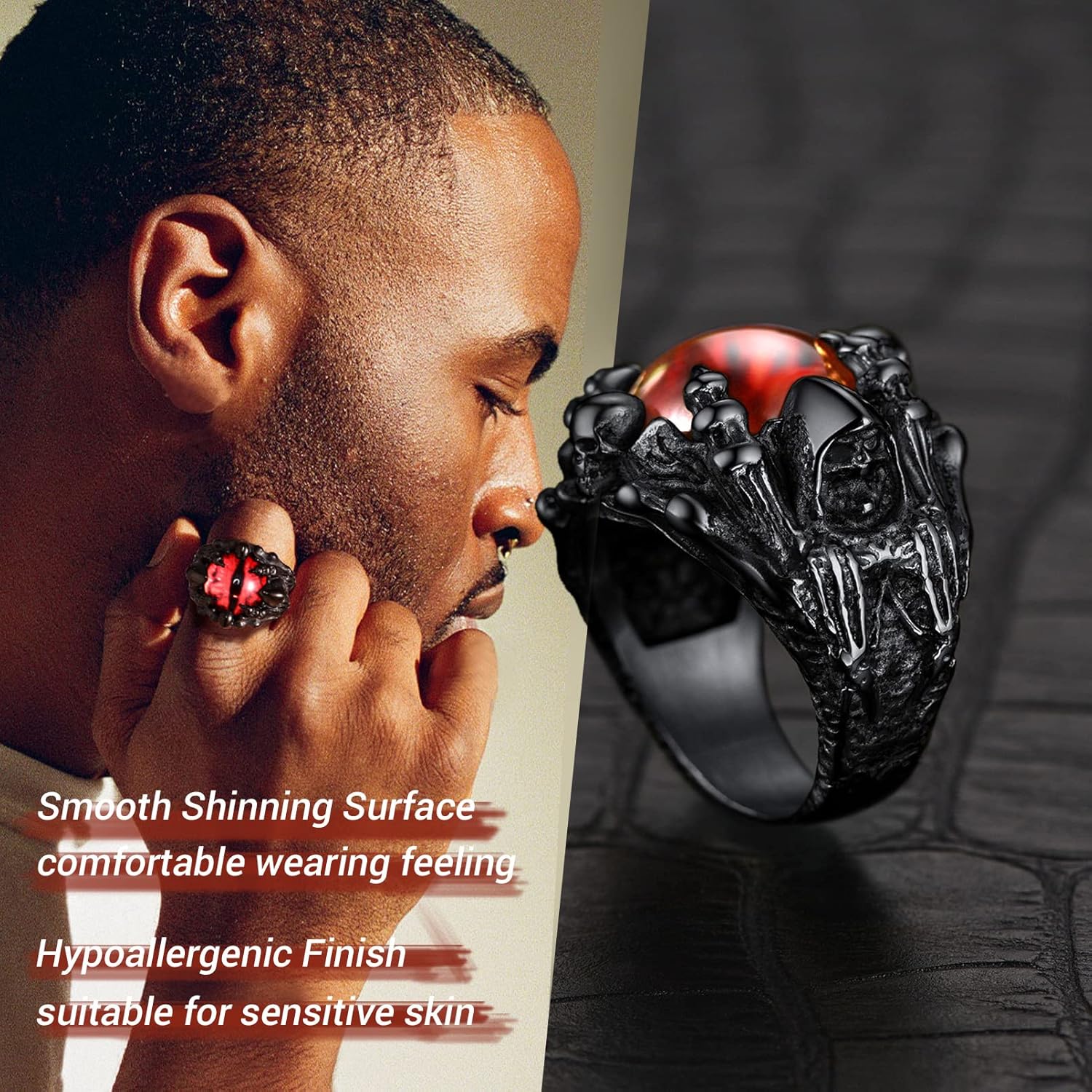 Thumbnail 3 de Bague homme gothique PROSTEEL Chevalière Œil du Diable rouge en acier inoxydable 316L