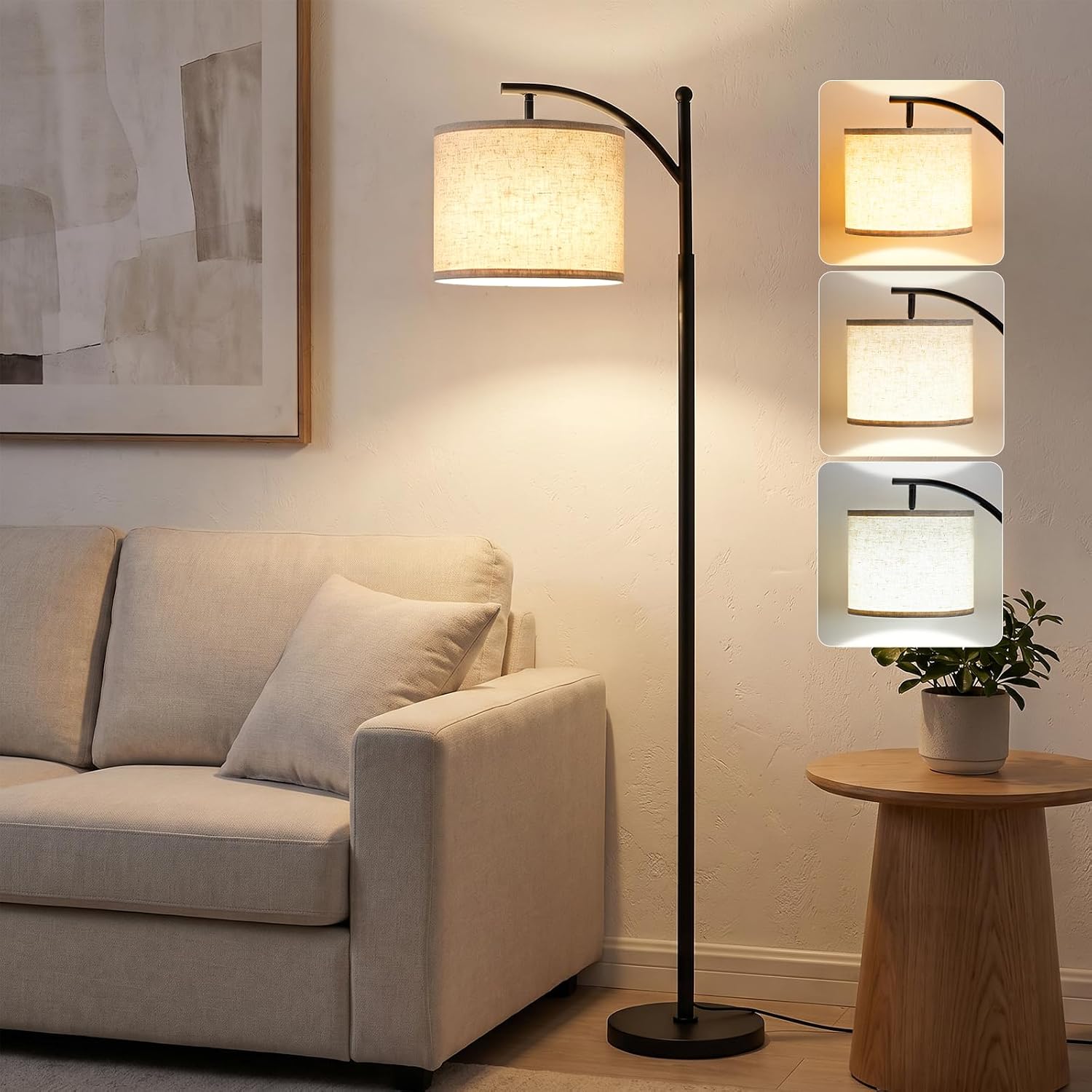 Detalle de PreeOtti Stehlampe Wohnzimmer mit 3 Farbtemperaturen (LED, verstellbarer Leinenschirm)