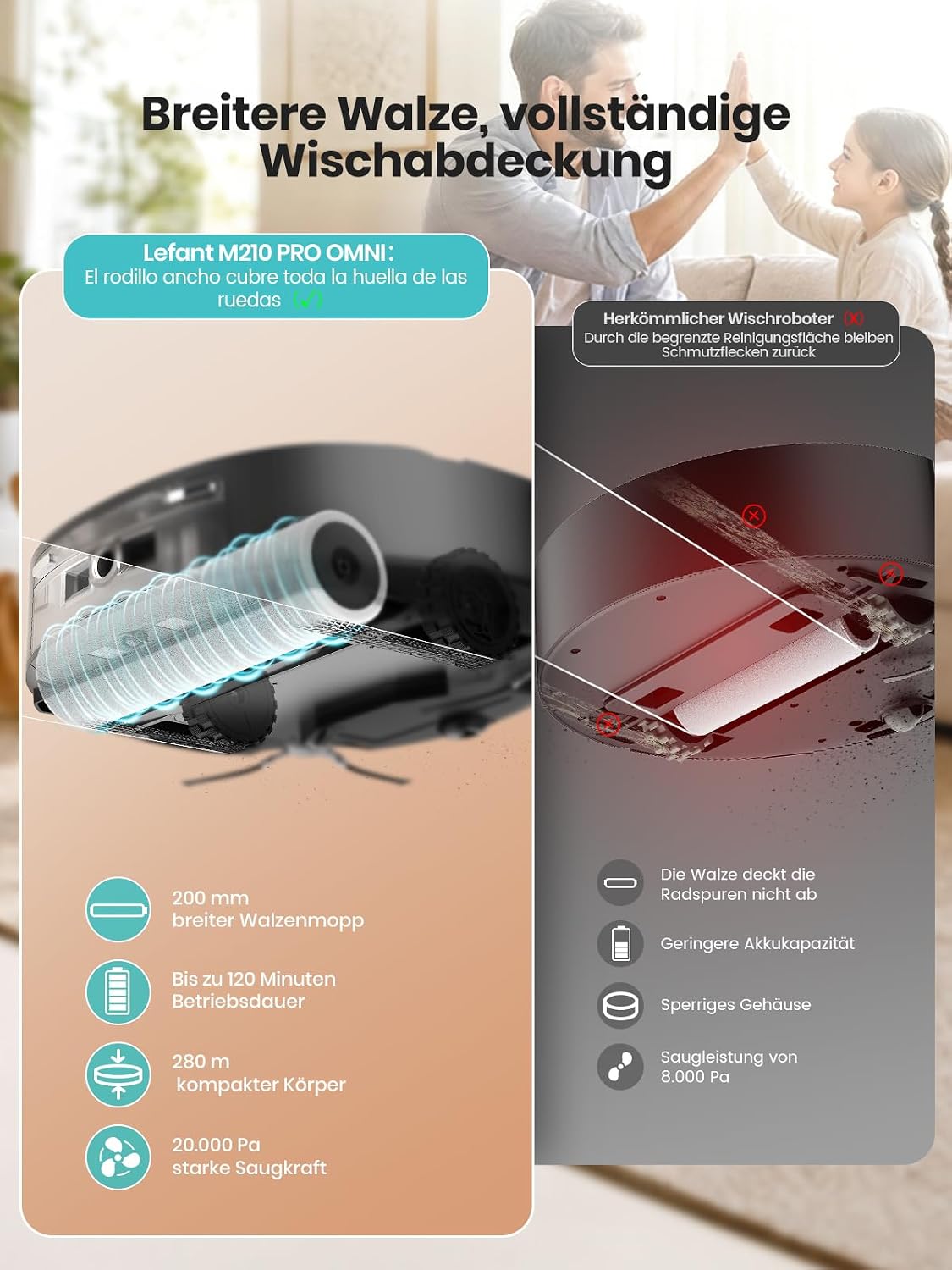 Detalle de Lefant M210 PRO Omni Saugroboter mit Wischfunktion