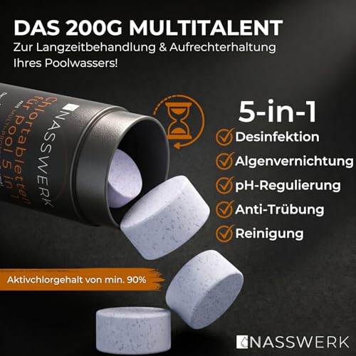 Detalle de NASSWERK Multitabs Pool 5 in 1 (1 kg) – 200 g Chlortabletten für Pool