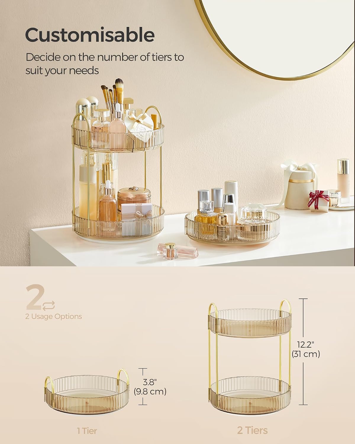 Detalle 2 de SONGMICS Makeup Organiser Rotating, 2-Tier Round Skincare Organiser (JKA012A01) – Champagne Gold