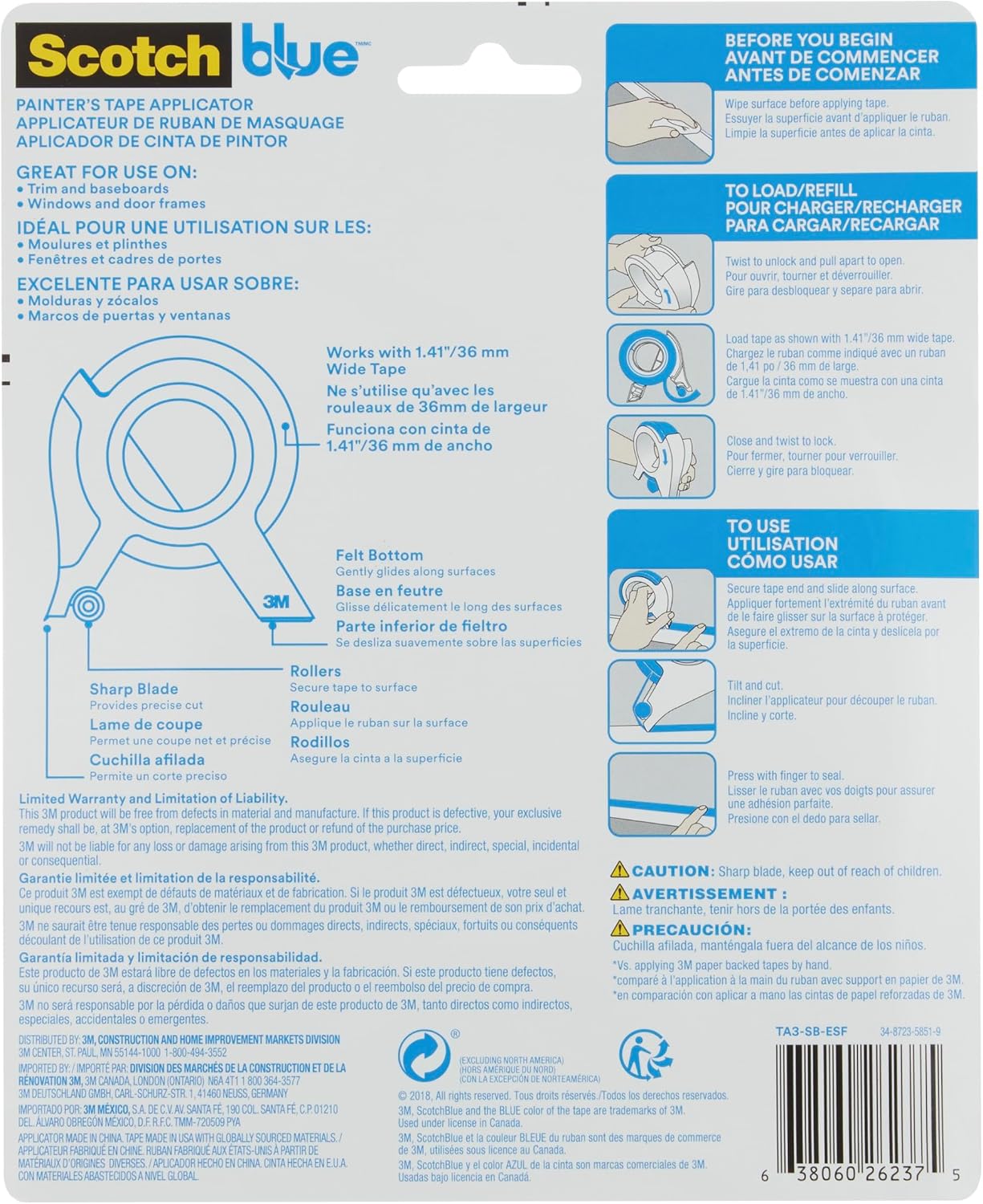 Detalle 2 de ScotchBlue Masking Tape Applicator with 1 Roll (36mm x 18.2m) - Multi-Surface Painter’s Tape with Easy-Grip Tool for Precise Application on Trim, Skirting Boards, Windows & Door Frames
ScotchBlue Masking Tape Applicator with 1 Roll (36…