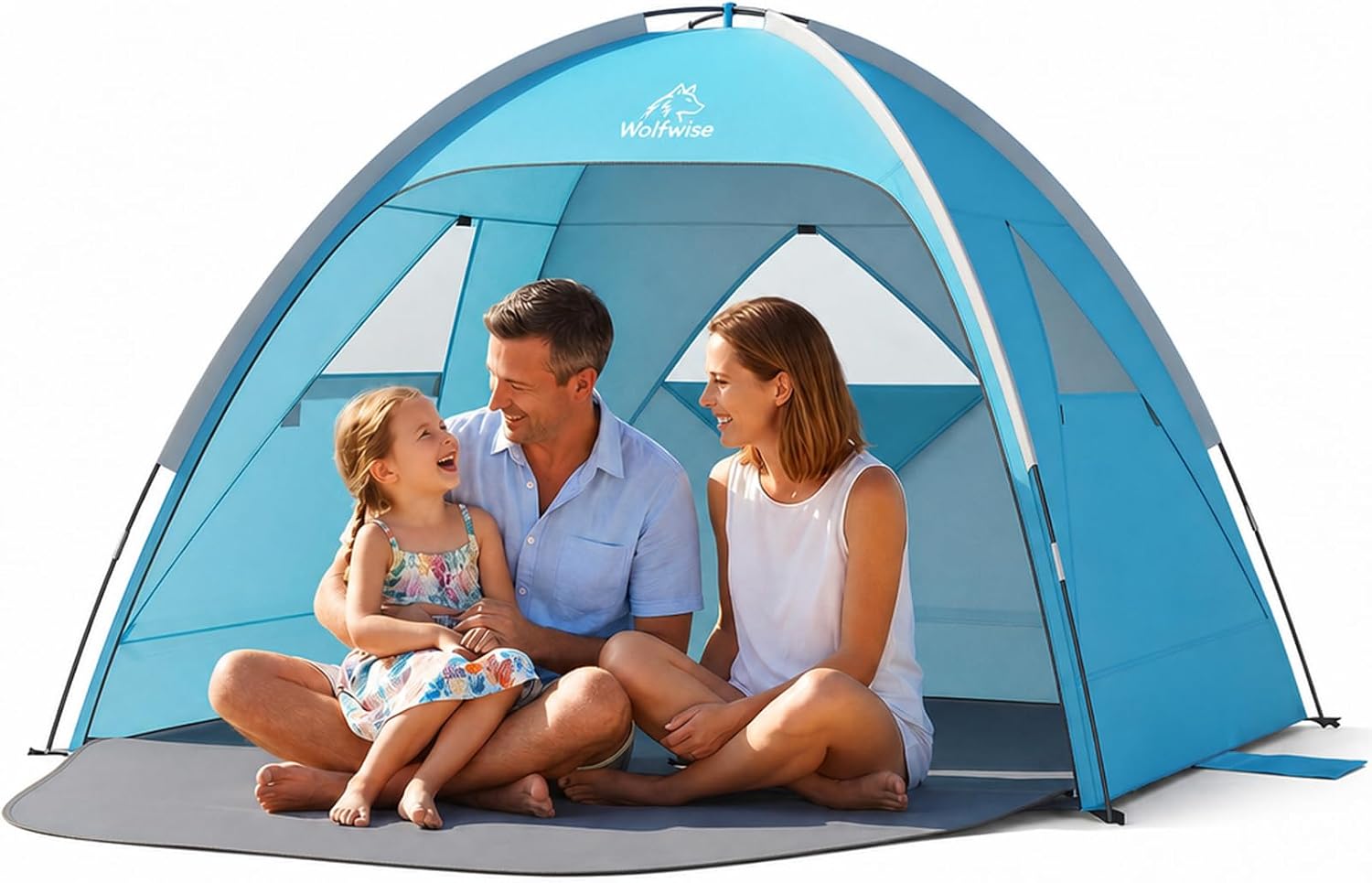 Detalle de Wolfwise Tenda da Spiaggia UPF 50+ per Famiglia – 3 Persone, Blu, Finestre Ventilate e Pavimento Estensibile