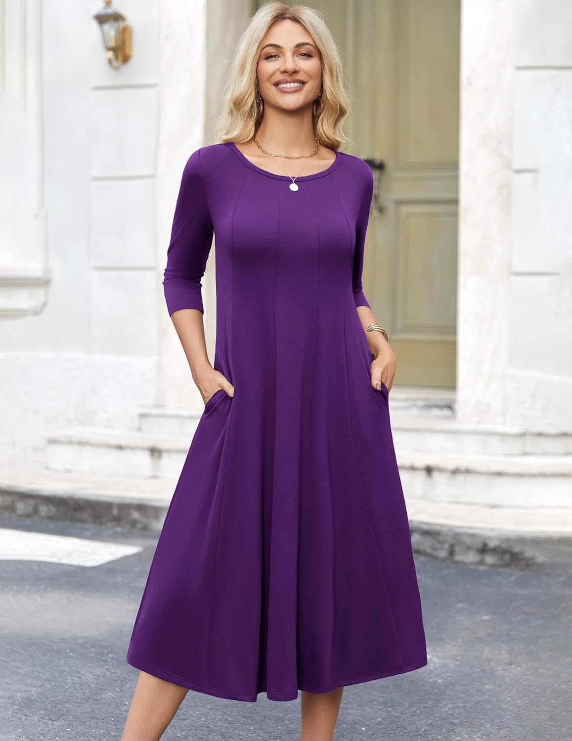 Detalle 2 de HOTOUCH Women’s 3/4 Sleeve A-line & Flare Midi Dress