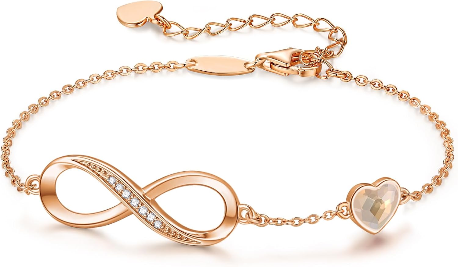 Thumbnail 6 de Infinity Armband für Damen mit Herz-Anhänger, 925 Sterling Silber Roségold – verstellbar mit Kristallen
