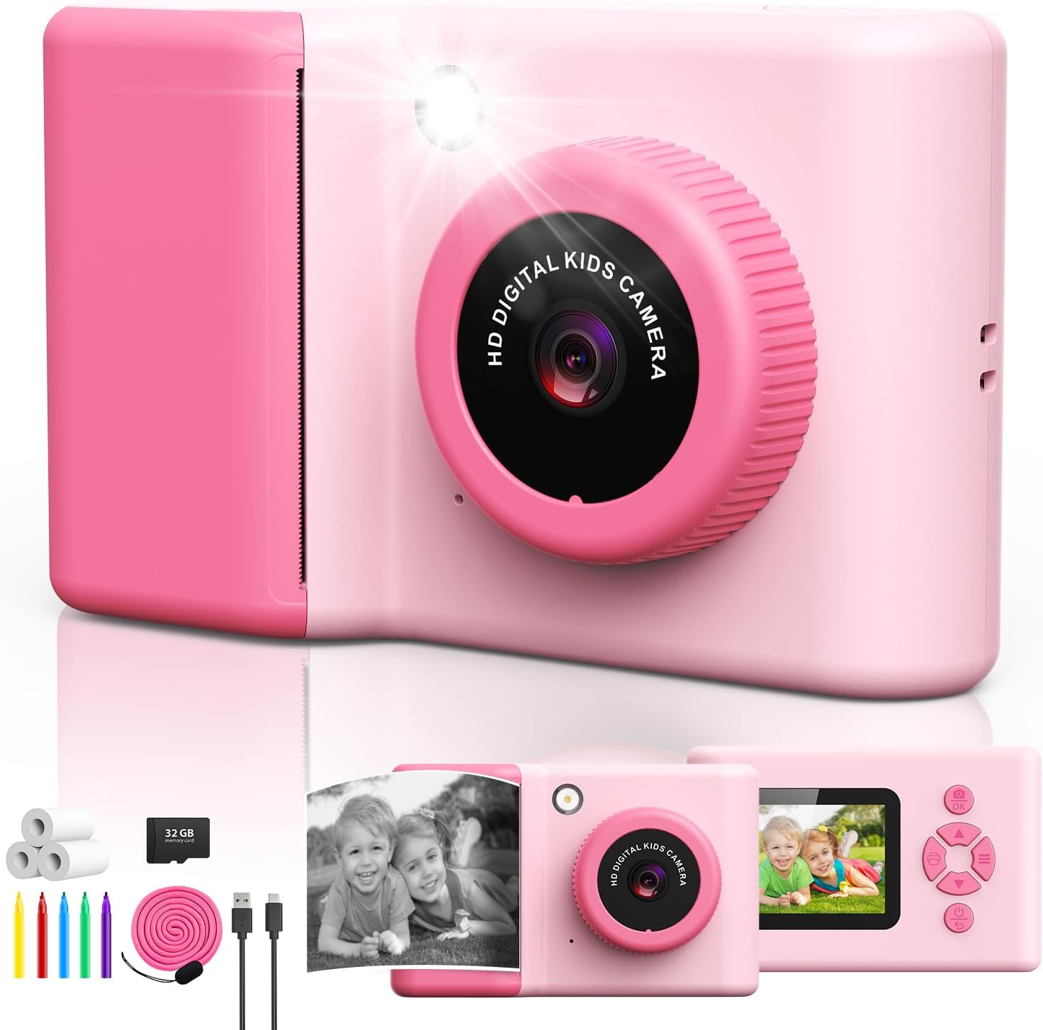 Detalle de uleway Kinder-Sofortbildkamera mit 2,4" Bildschirm, 32GB Karte & Sofortdruck (Rosa)