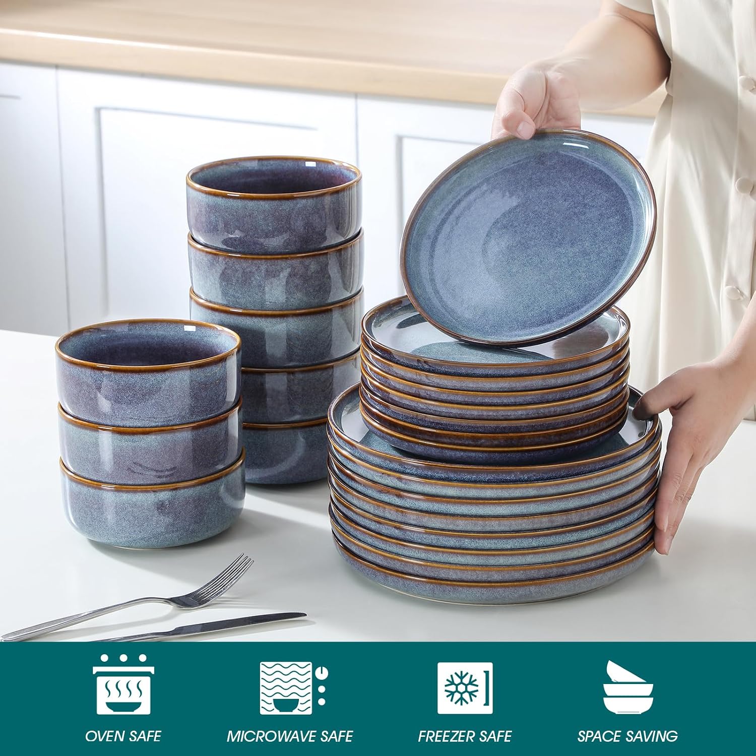 Detalle de vancasso PLAYA 24-Piece Grey-Blue Dinnerware Set for 8