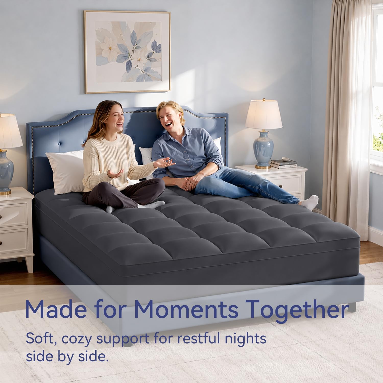 Detalle 2 de ELEMUSE Queen Mattress Topper, Gray Pillow Top, Breathable Microfiber, Deep Pocket