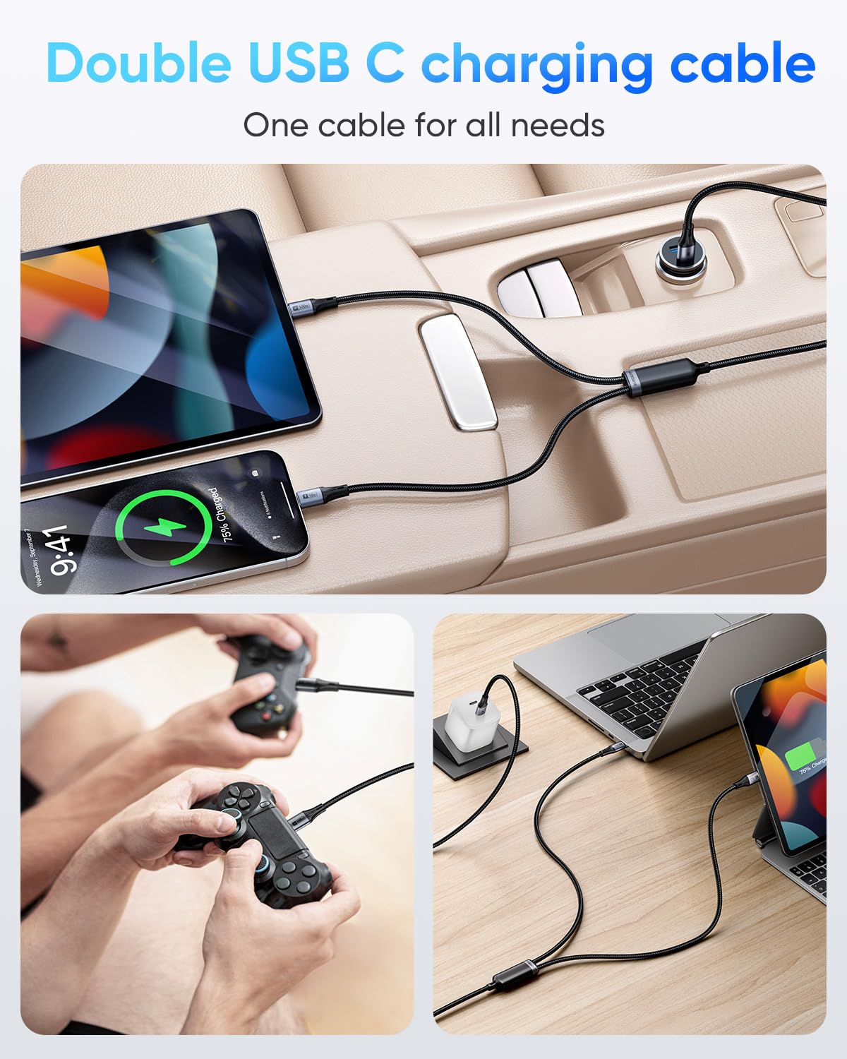 Thumbnail 5 de SUNGUY 2‑in‑1 USB‑C auf USB‑C Kabel 0,6 m – 100 W Schnellladung, 2 Anschlüsse für Laptop und Smartphone