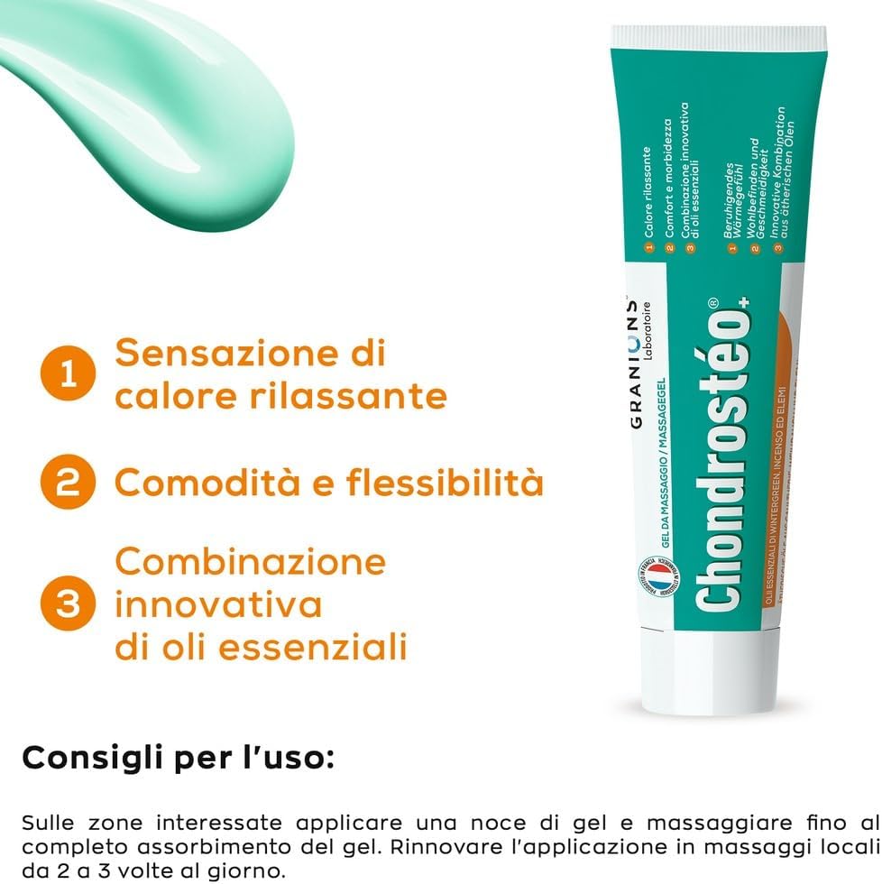 Detalle de Chondrostéo+ Gel Riscaldante per Massaggi, 100 ml – Olio essenziale di Gaultheria, Incenso ed Elemi