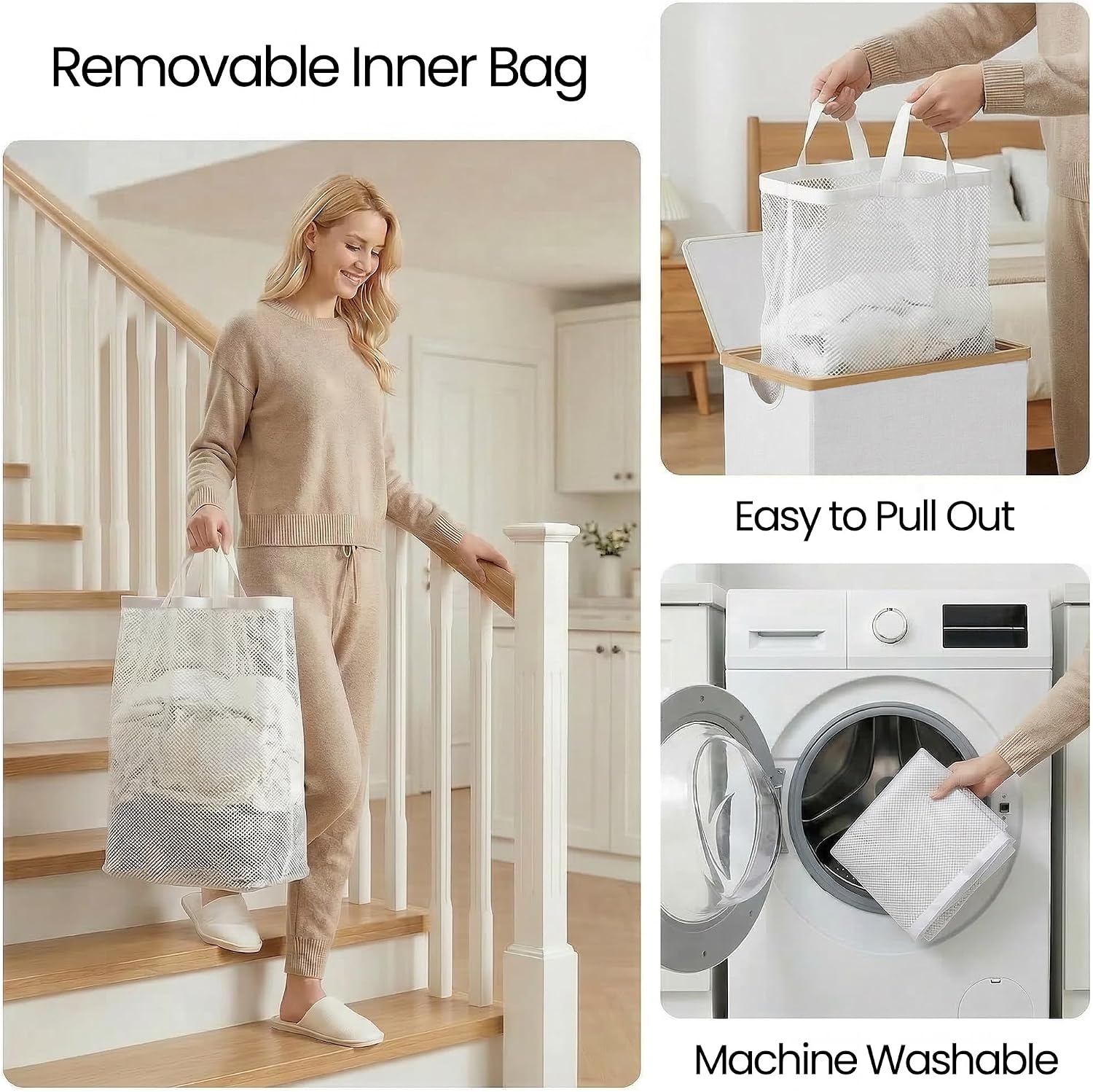 Thumbnail 6 de efluky 75L Slim Laundry Hamper with Lid, Removable Bag, and Bamboo Handles