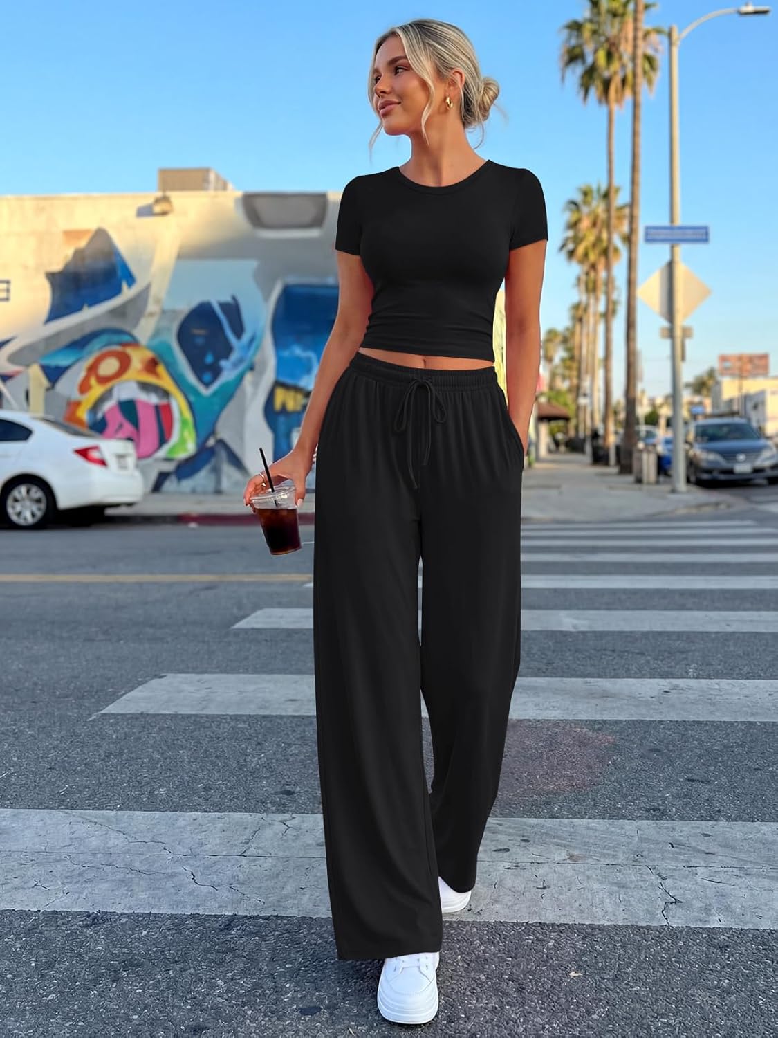 Thumbnail 5 de Trendy Queen 2 Piece Matching Summer Lounge Set: Side Ruching Top + Wide-Leg Pants