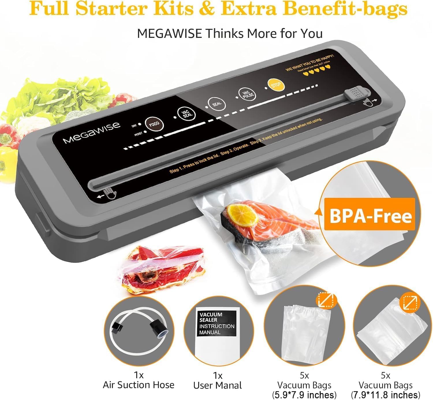 Thumbnail 3 de MegaWise Vacuum Sealer Machine (80kPa) with External Vacuum System, Bags & Cutter Included
