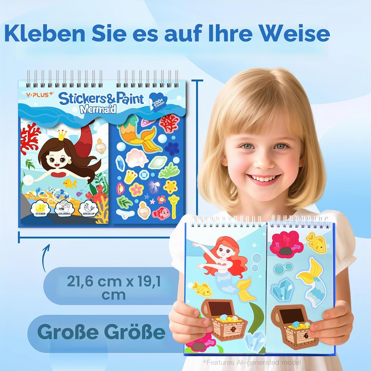 Detalle de YPLUS Mermaid Stickerbuch – Kreatives Stickerbuch mit Meerjungfrauen, Malvorlagen und Wachsmalstiften