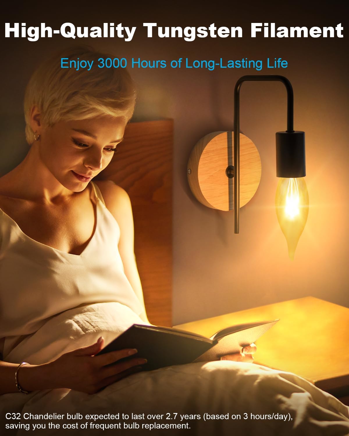 Detalle 2 de SerBion C32LAWEI 120V 60W E12 B10 Candelabra Bulbs, 2700K, Dimmable