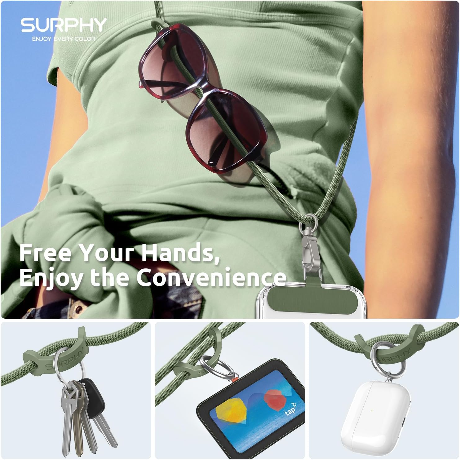 Thumbnail 2 de SURPHY Phone Lanyard Crossbody with 2 Tether Tabs, Adjustable Army Green