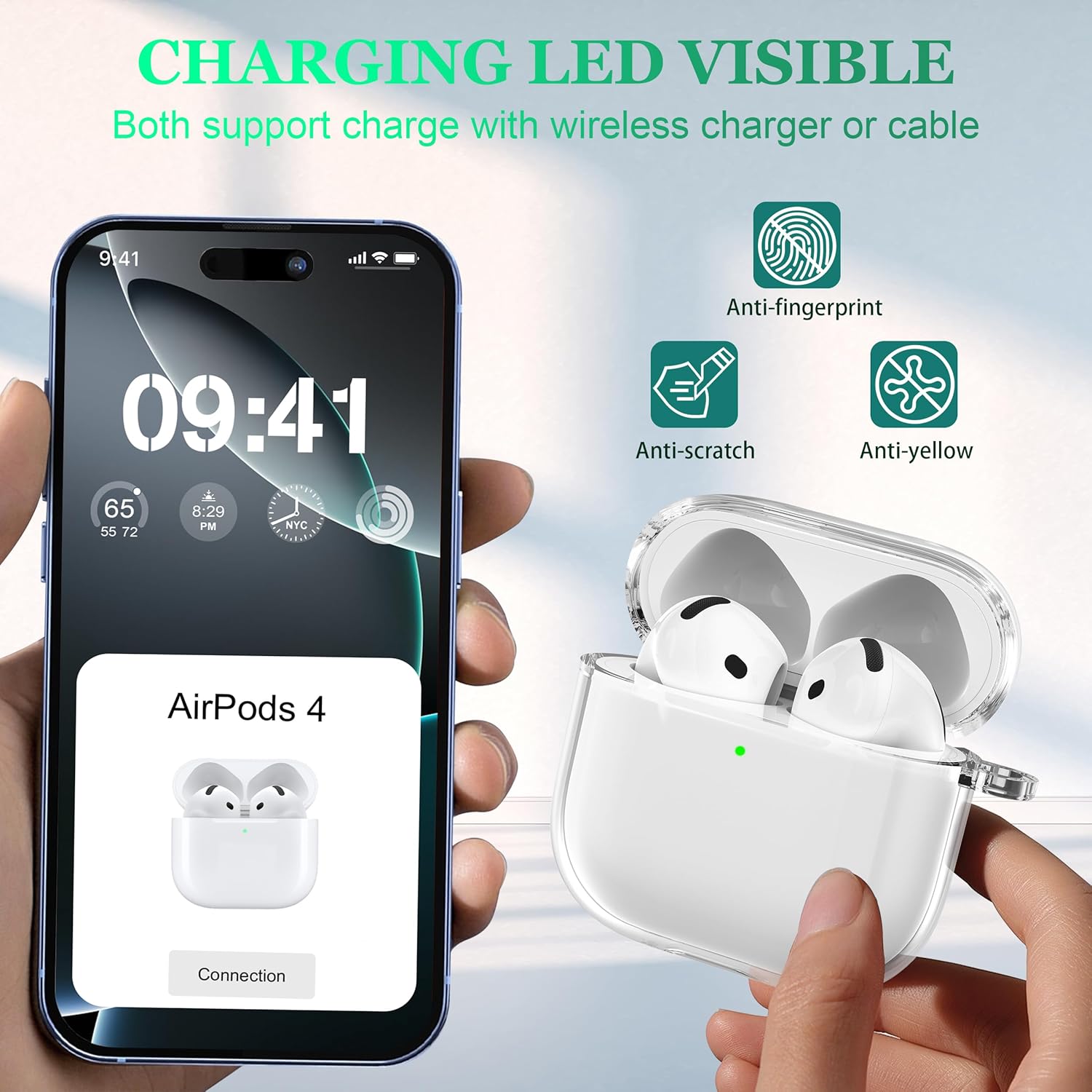 Detalle de MHYALUDO AirPods 4 Case with Cleaning Kit & Lanyard – Clear TPU, Military-Grade Shockproof