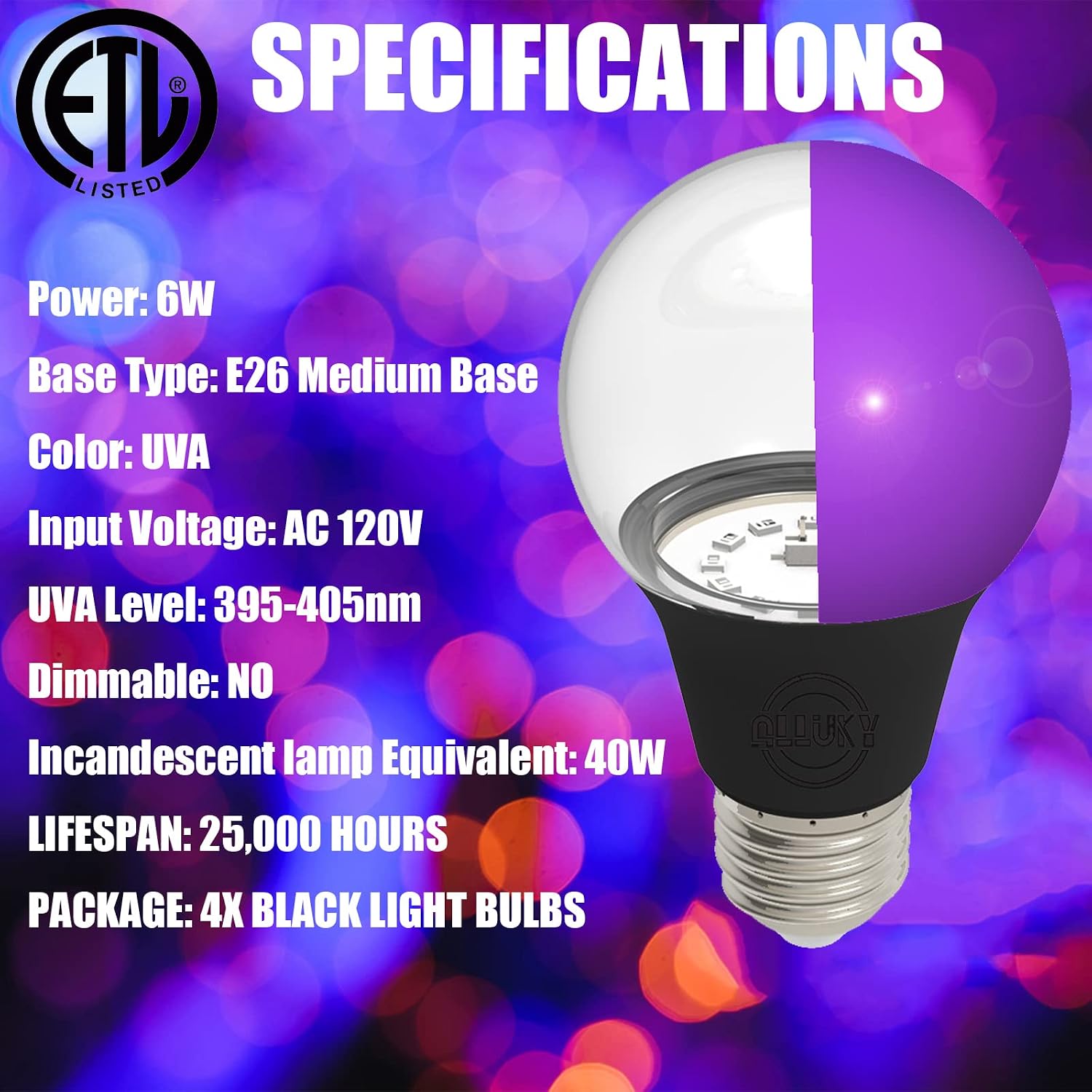 Detalle de Scheinenda A19 LED Black Light Bulbs, 6W, E26, 4-Pack, 395–405 nm