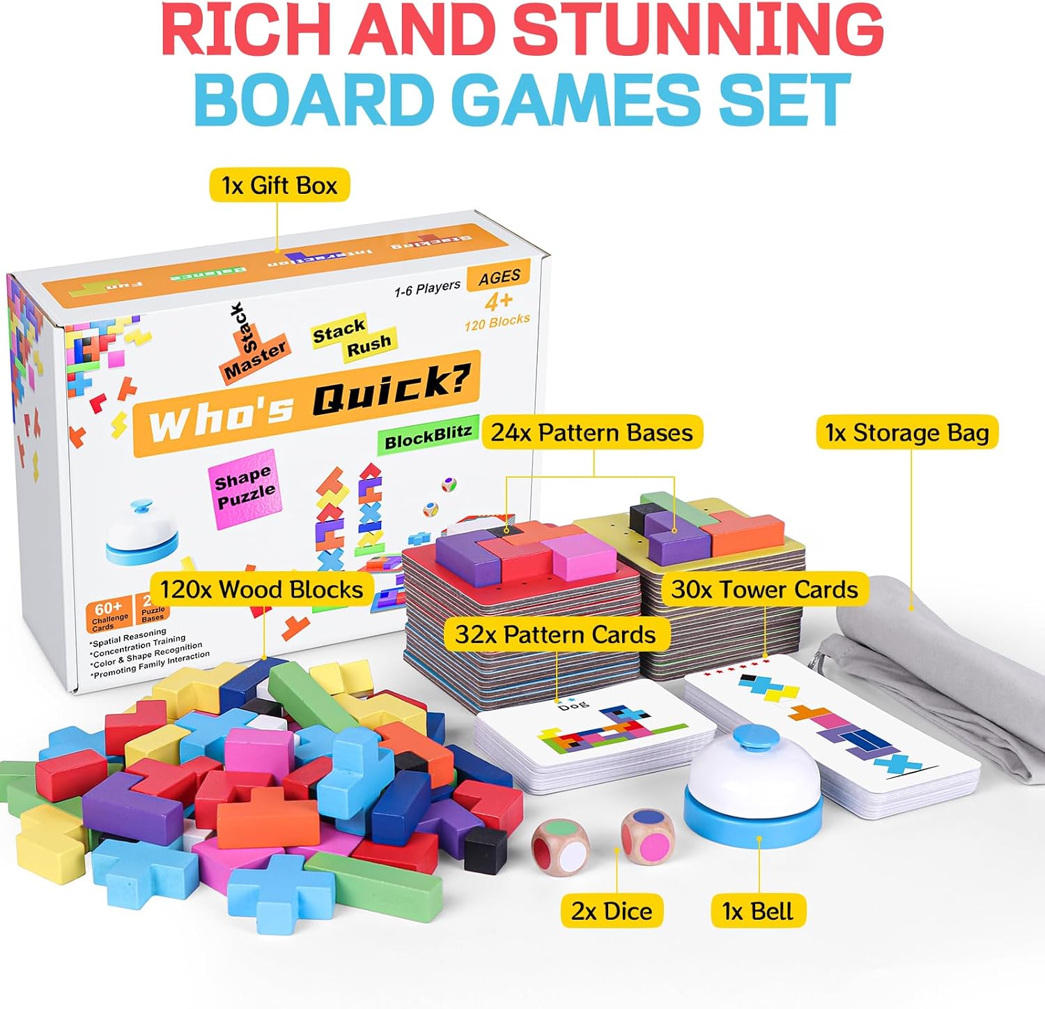Detalle 2 de QianShouYan Wooden Block Stacking Games (120-Piece) 4-in-1 Fast-Paced Building Block Board Game for Kids 4+ (1–6 Players)