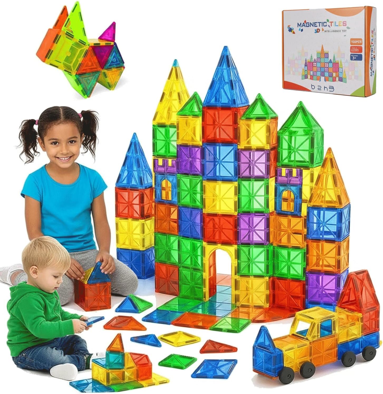 Detalle de Magnetic Tiles for Kids (100 Pieces) with 2 Cars – STEM Building Set