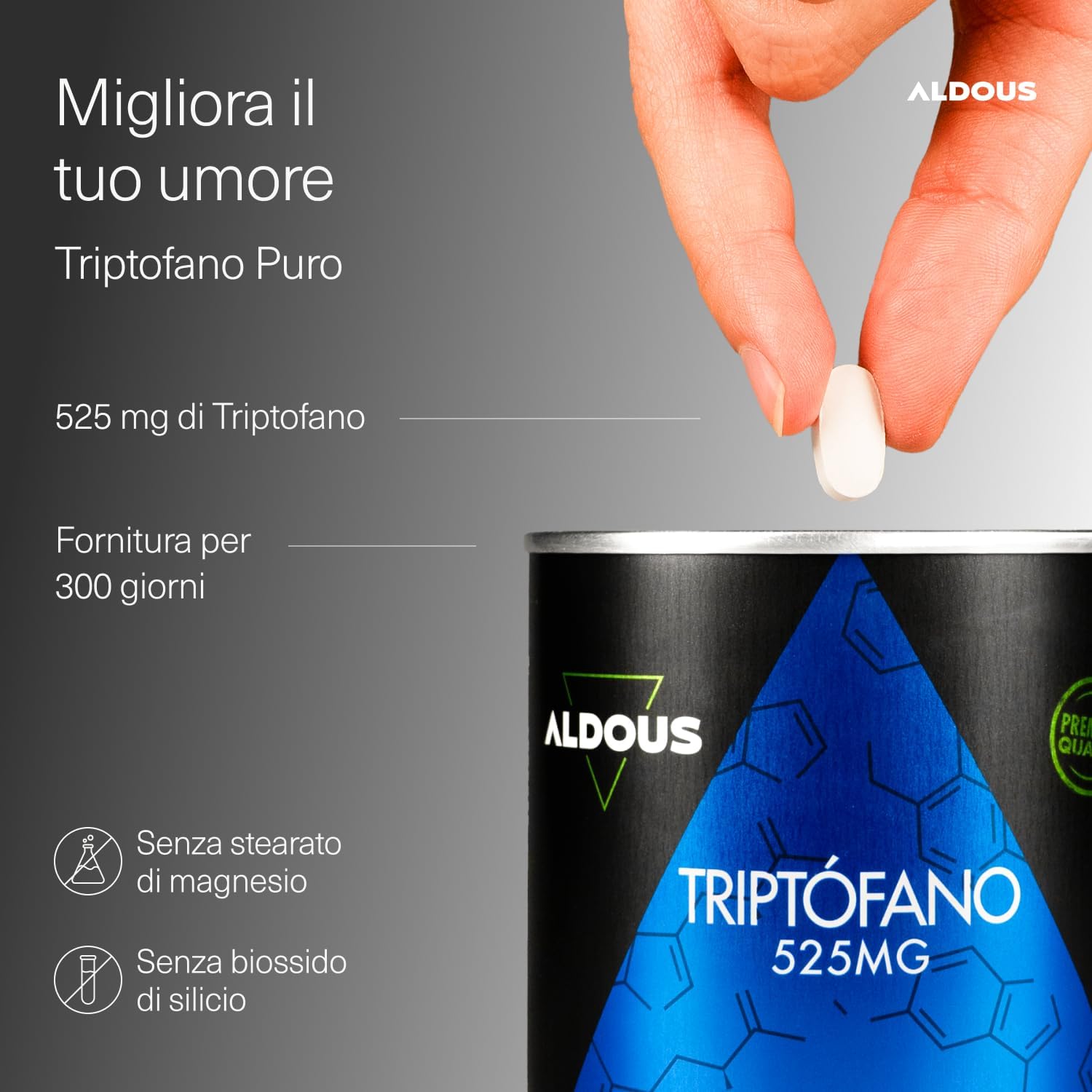Thumbnail 1 de Triptofano Puro 525mg di Aldous — 300 Compresse per 10 mesi, supporto al sonno e all’umore