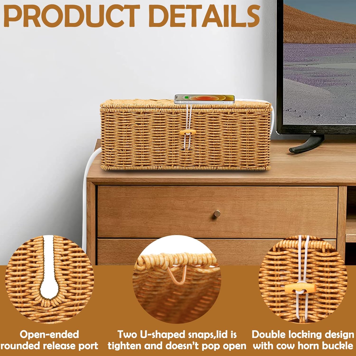 Thumbnail 2 de Cable Management Box, 2 Pack – Handmade Imitation Rattan Cable Tidy Box with Locked Cover
