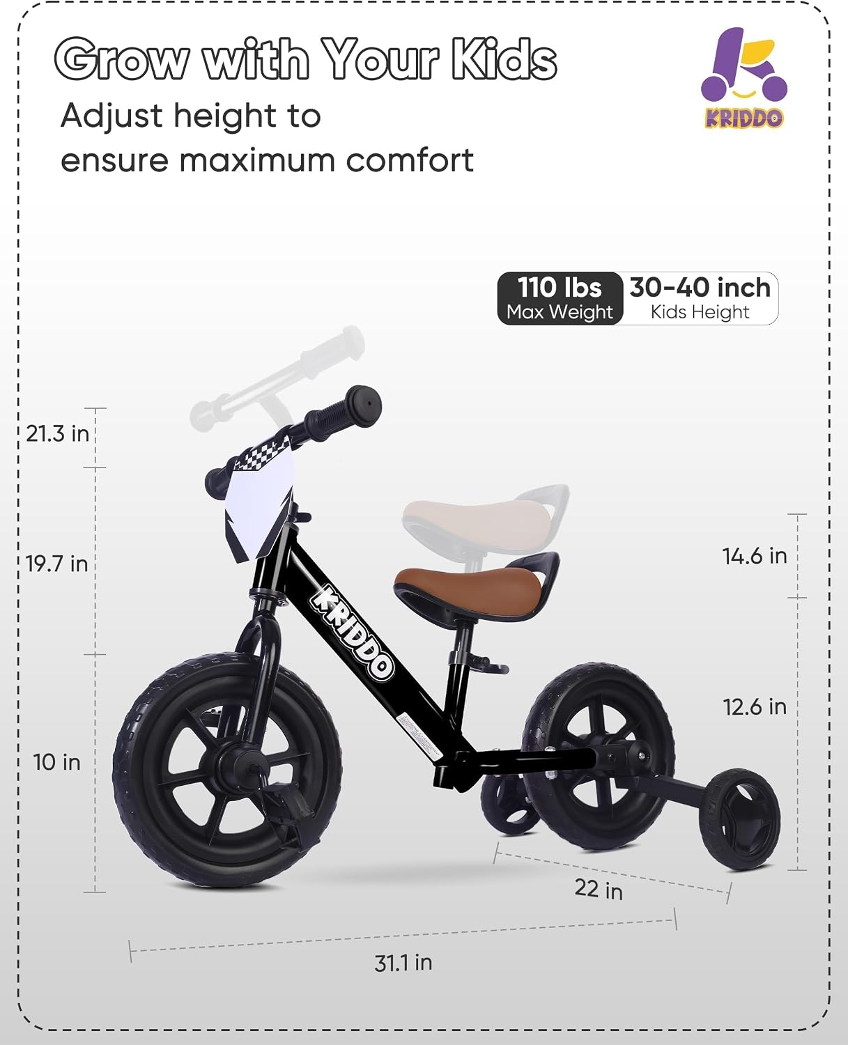 Thumbnail 5 de KRIDDO 2-in-1 Kids Tricycle and Toddler Balance Bike (18 Months–3 Years) with Detachable Pedals and Stowable Training Wheels, Black