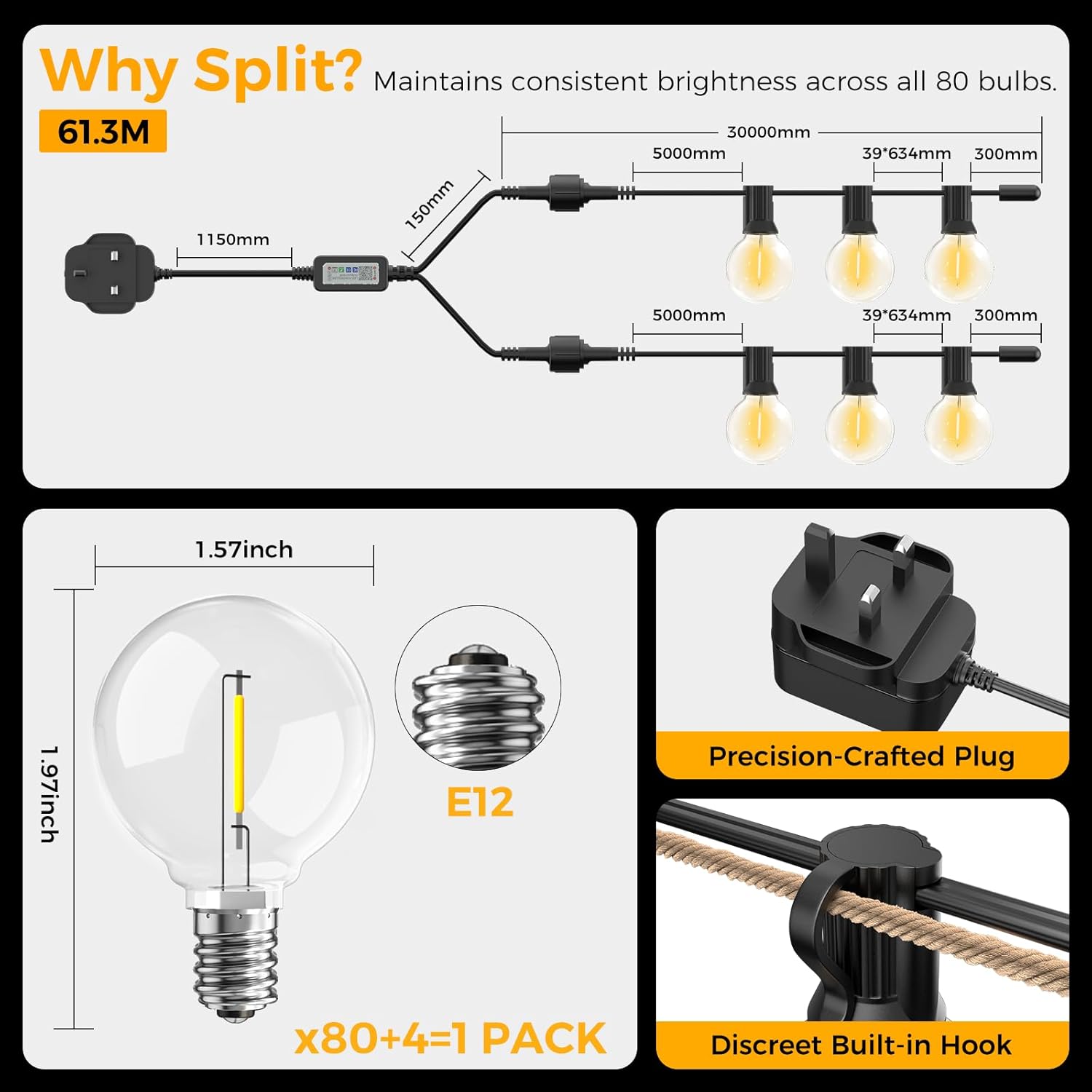 Thumbnail 1 de Outdoor Lights Mains Powered 61.3M LED G40 Festoon String Lights (80+4 spare) with App & Remote, Timer, Dimmable, IP44