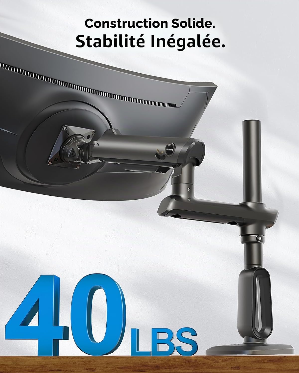 Detalle de Support de bras d’écran HUANUO pour moniteurs ultra-larges jusqu’à 49 pouces (VESA 75/100, aluminium, 18 kg)