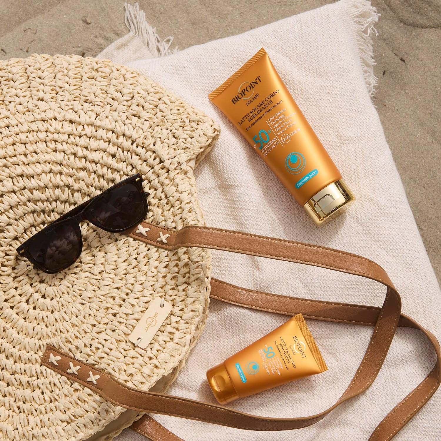 Detalle de Biopoint Solaire Latte Solare Viso Sublimante SPF 50 con Acceleratore d'Abbronzatura e Campioncino Shampoo Extreme Repair 10ml