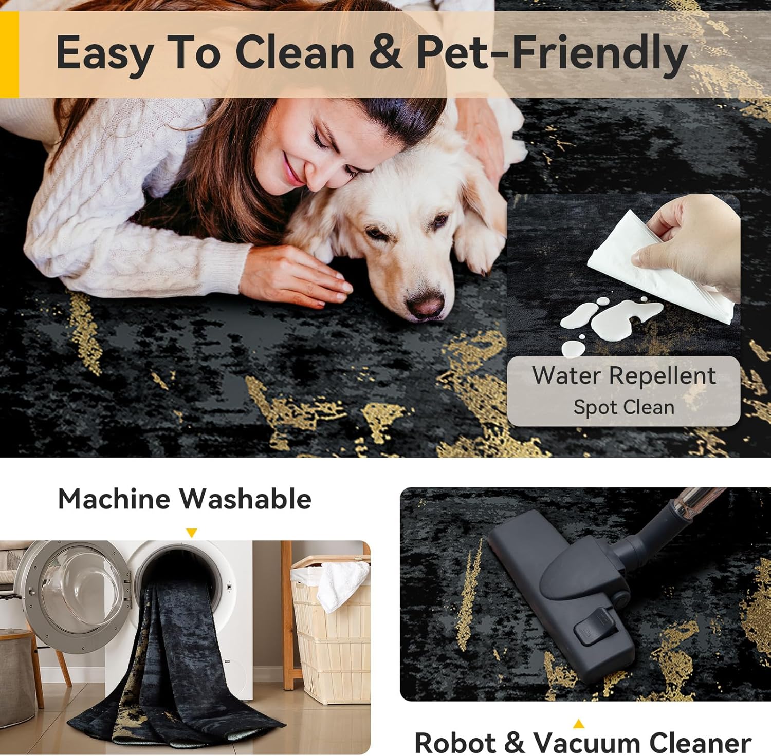 Thumbnail 4 de RELEANY Washable 8'x10' Non-Slip Modern Abstract Area Rug - Dark Black Gold