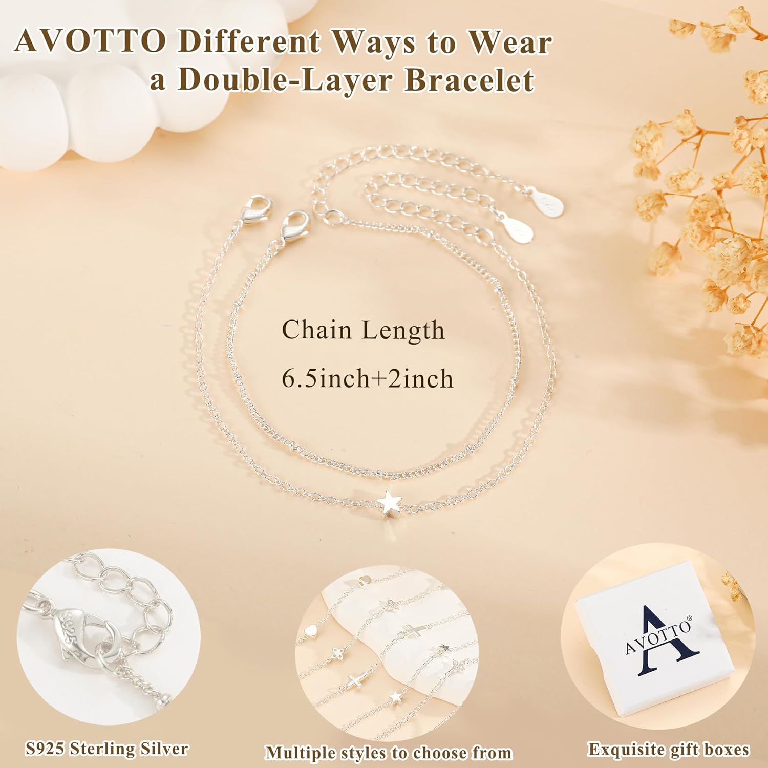 Thumbnail 3 de Avotto 925-Silber Armband für Damen & Mädchen mit Lagen-Design, hypoallergen, verstellbar