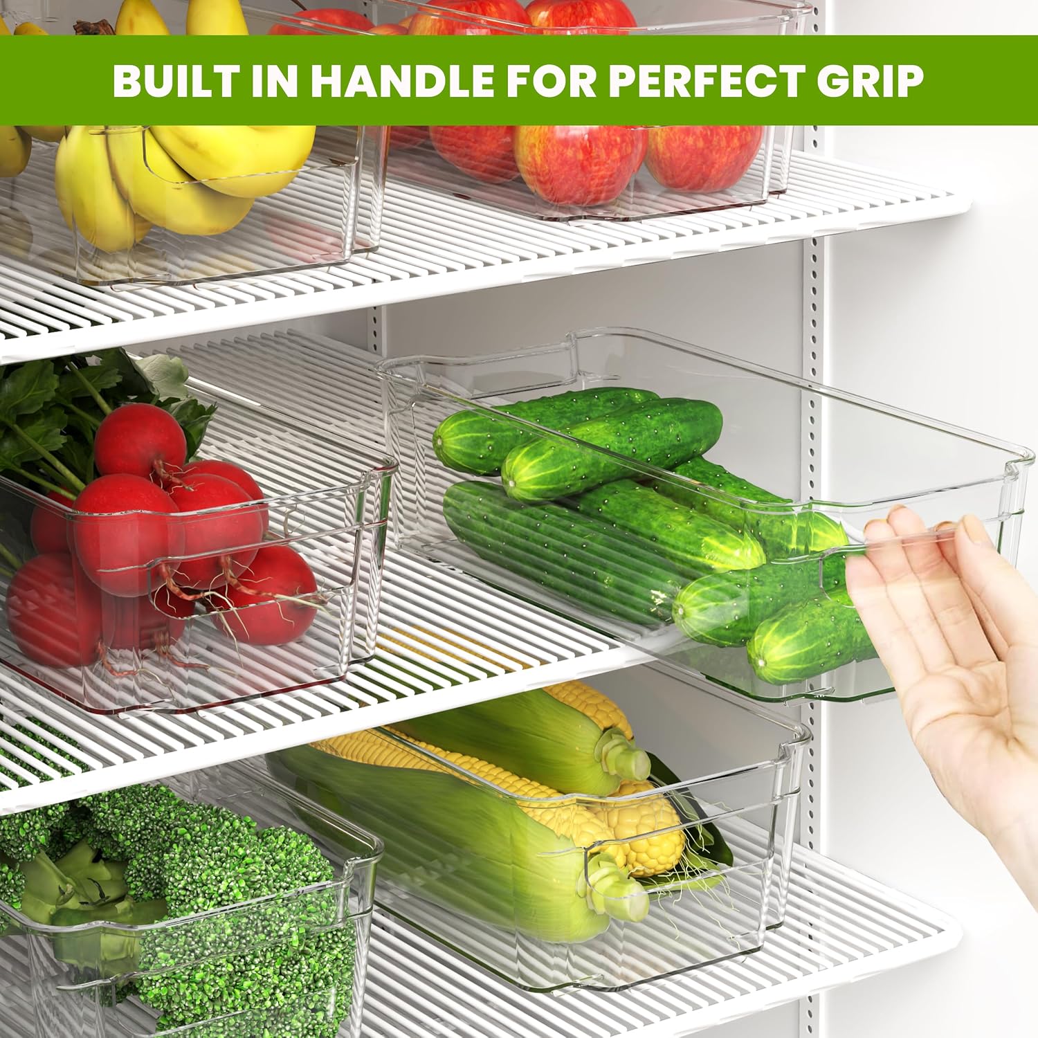 Detalle 2 de KICHLY Stackable Fridge Organisers – 8 Clear BPA-Free Storage Boxes with Handles