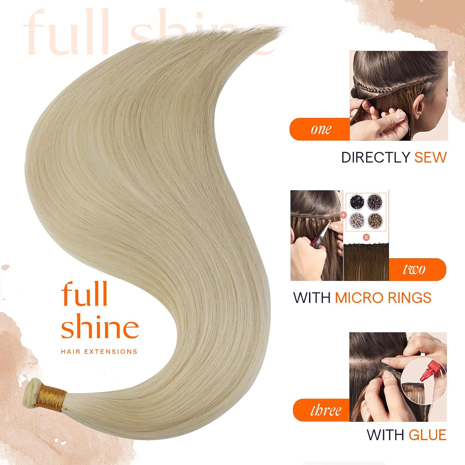 Detalle de Full Shine Genius Weft Remy Straight Hair Extensions (Sew-In Weft) – Platinum Blonde, 22 Inch, 80G