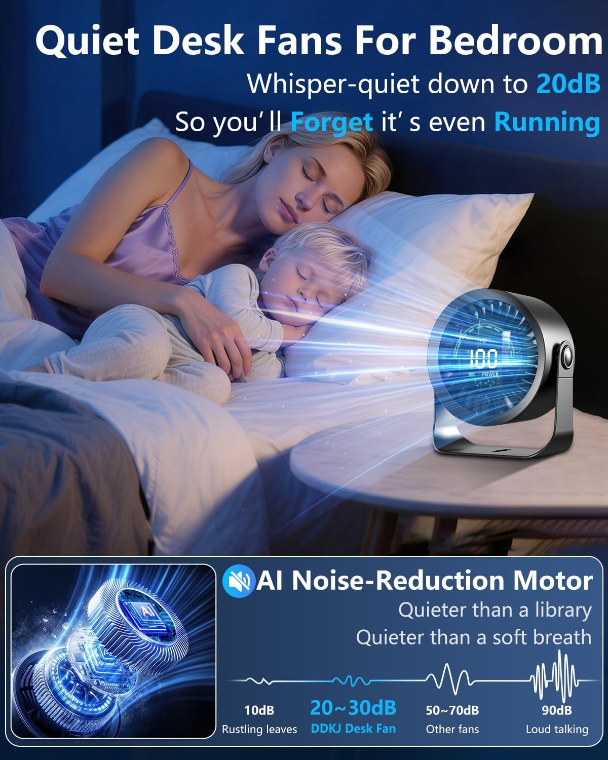 Detalle de DDKJ Portable Desk Fan: 100-Stage Quiet Cooling with USB-C, 360° Adjustment and Wall Mount