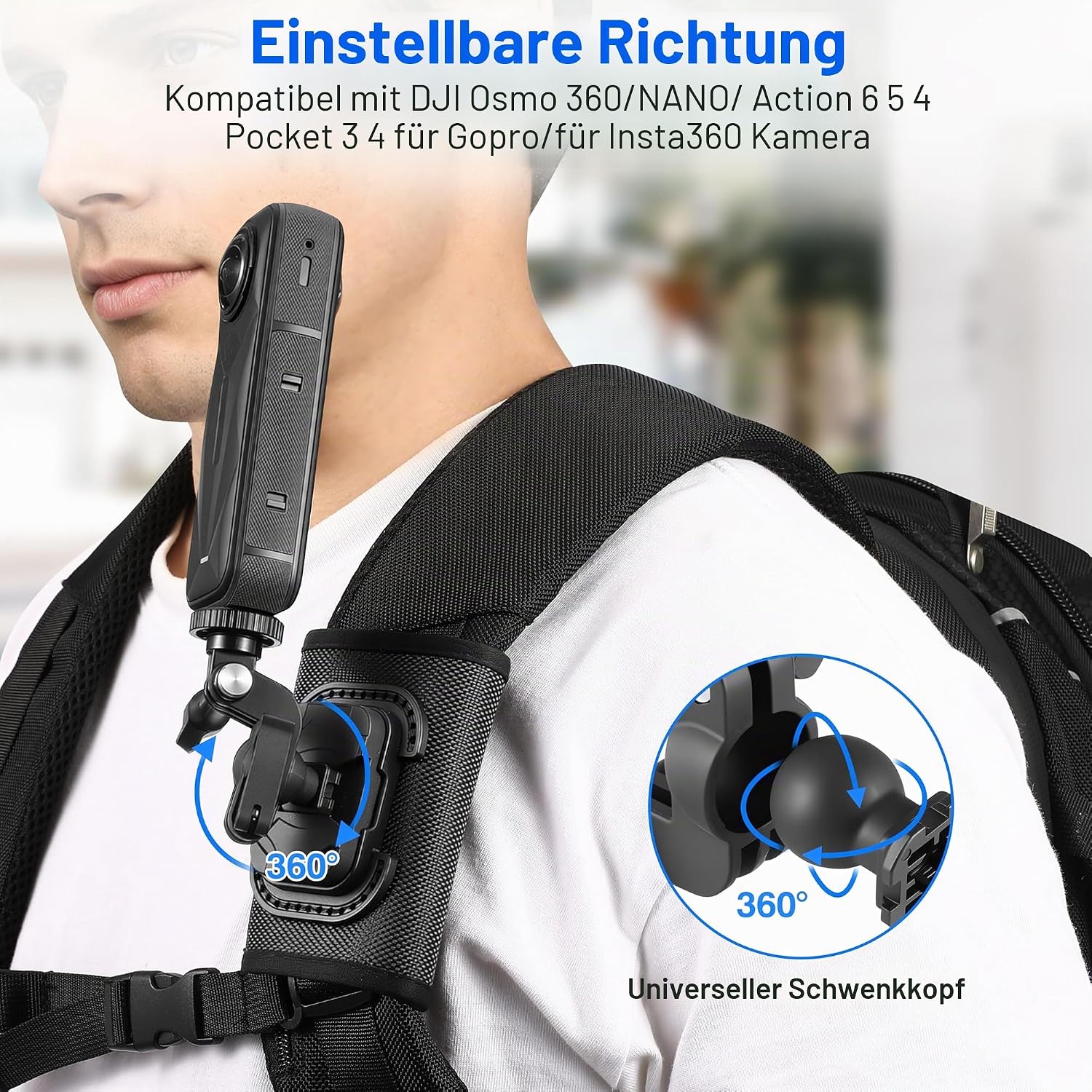 Thumbnail 5 de Rucksack Mount Schultergurt Clip Halter 360° – Quick Release Adapter für Insta360 X5/X4 Air Ace Pro 2, DJI Osmo, 360 Nano Action 6–5, GoPro Zubehör