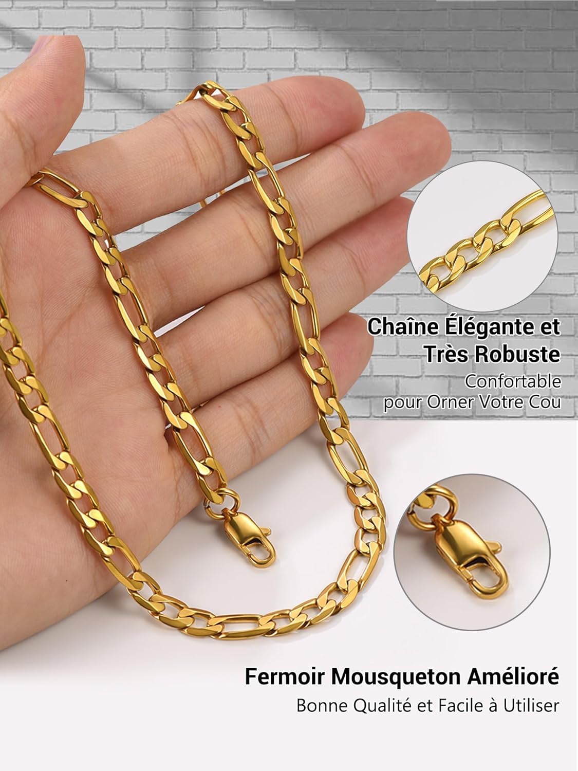 Thumbnail 3 de Collier chaîne Figaro PROSTEEL en acier inoxydable 316L plaqué or, maillon alterné 3 en 1 (largeur 4/6/9/13 mm) jusqu’à 76 cm