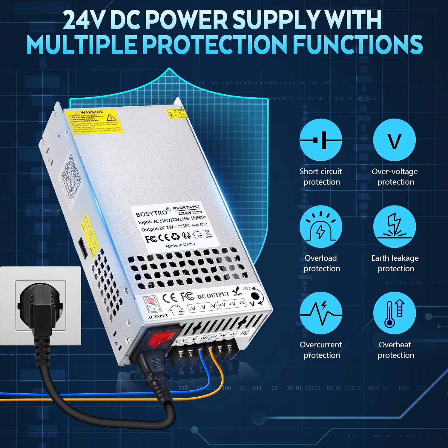 Detalle de BOSYTRO Potenziamento 24V 50A 1200W – Alimentatore universale AC/DC per stampante 3D, CCTV e progetti industriali